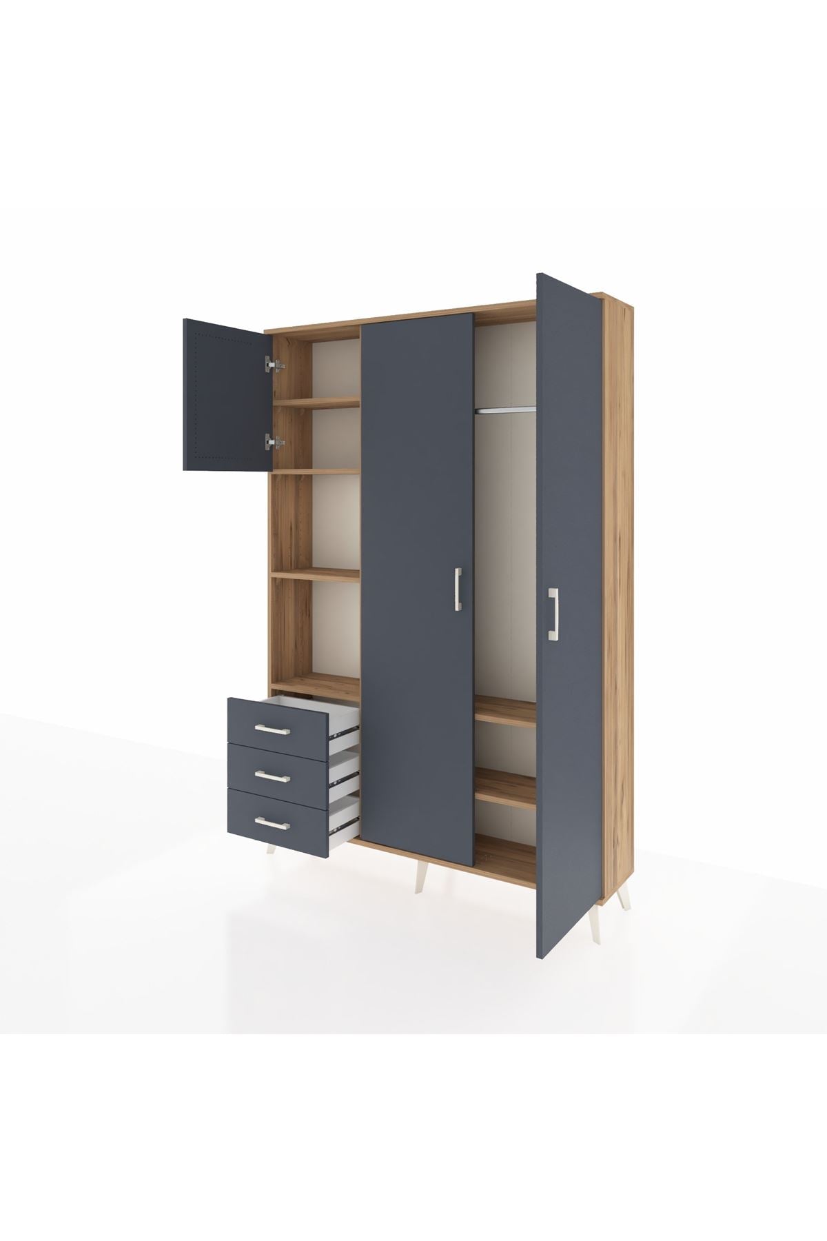 Arges Gardrop 6 Raflı 3 Çekmeceli Tek Askılı 132x30x195 Çam-Antrasit
