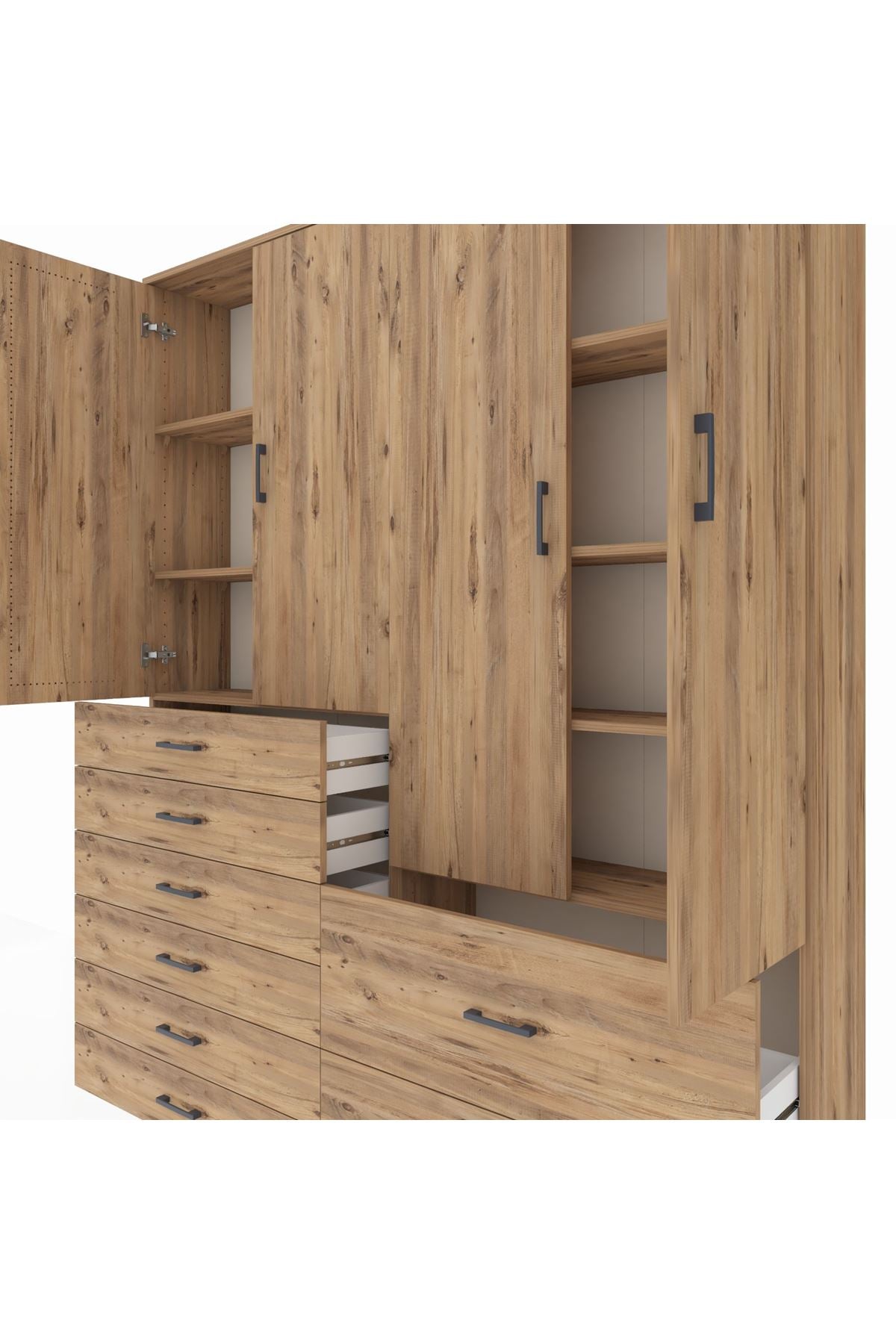 Arges Gardrop 7 Raflı 8 Çekmeceli 4 Kapaklı 176x30x221 Çam-Çam