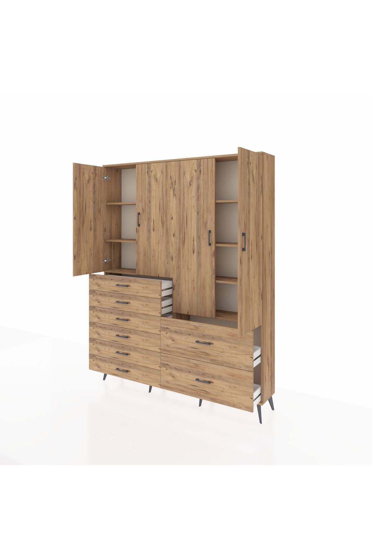 Arges Gardrop 7 Raflı 8 Çekmeceli 4 Kapaklı 176x30x221 Çam-Çam