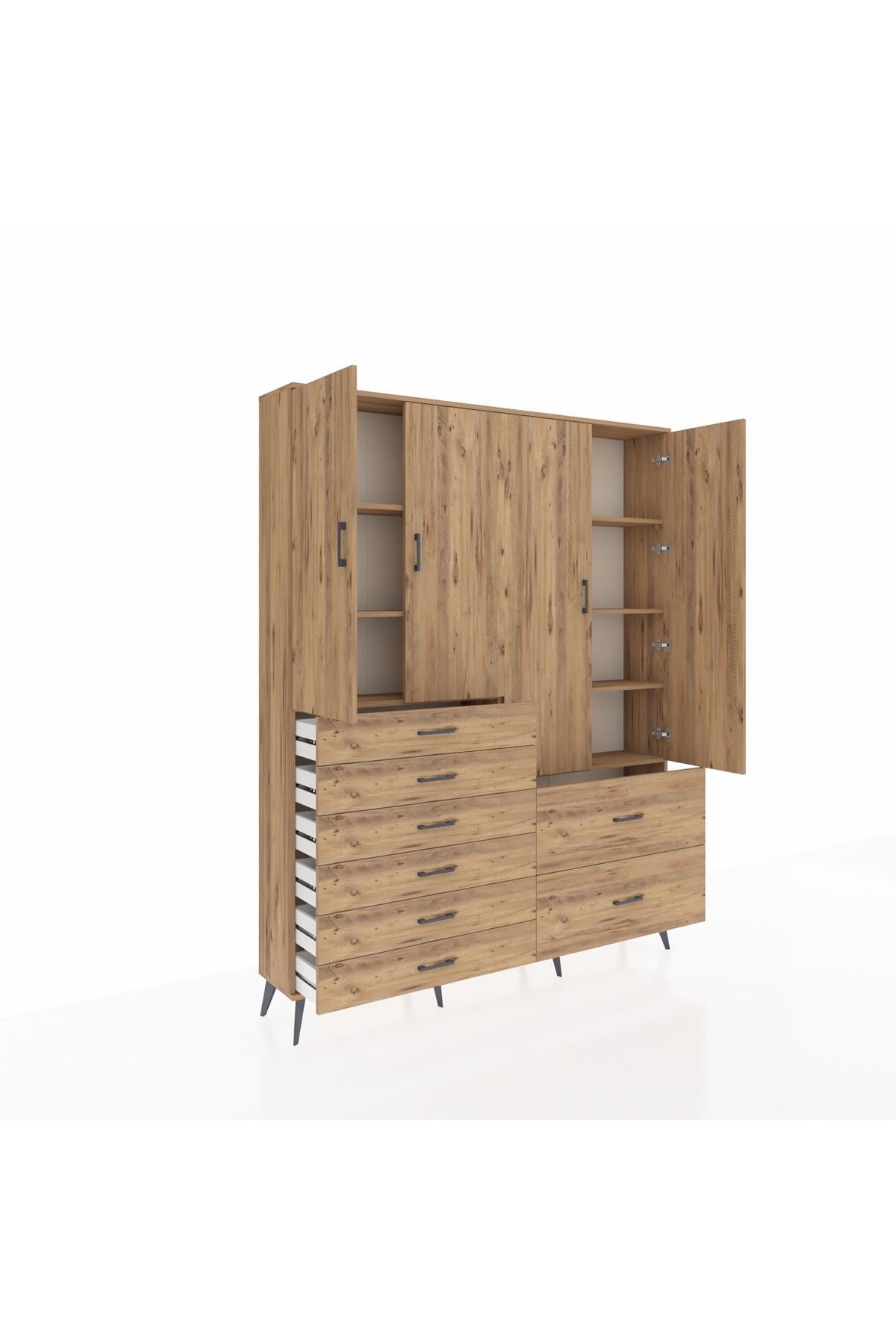 Arges Gardrop 7 Raflı 8 Çekmeceli 4 Kapaklı 176x30x221 Çam-Çam
