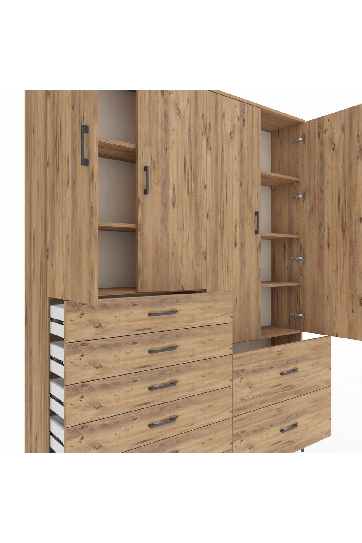 Arges Gardrop 7 Raflı 8 Çekmeceli 4 Kapaklı 176x30x221 Çam-Çam