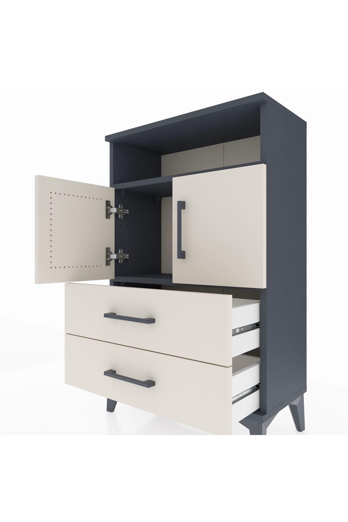 Arges Komodin 2 Raflı 2 Çekmeceli 2 Kapaklı 60x30x96 Antrasit-Aytaşı