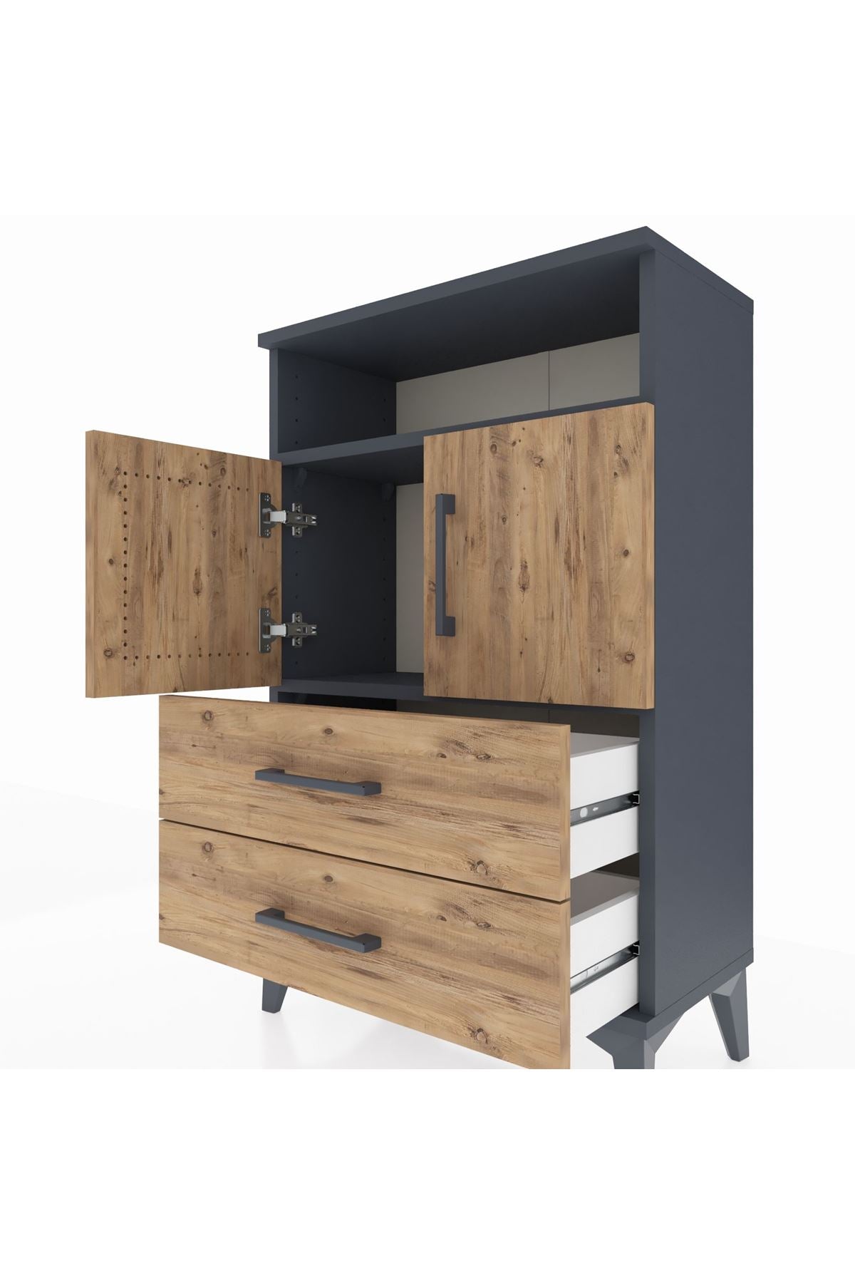 Arges Komodin 2 Raflı 2 Çekmeceli 2 Kapaklı 60x30x96 Antrasit-Çam