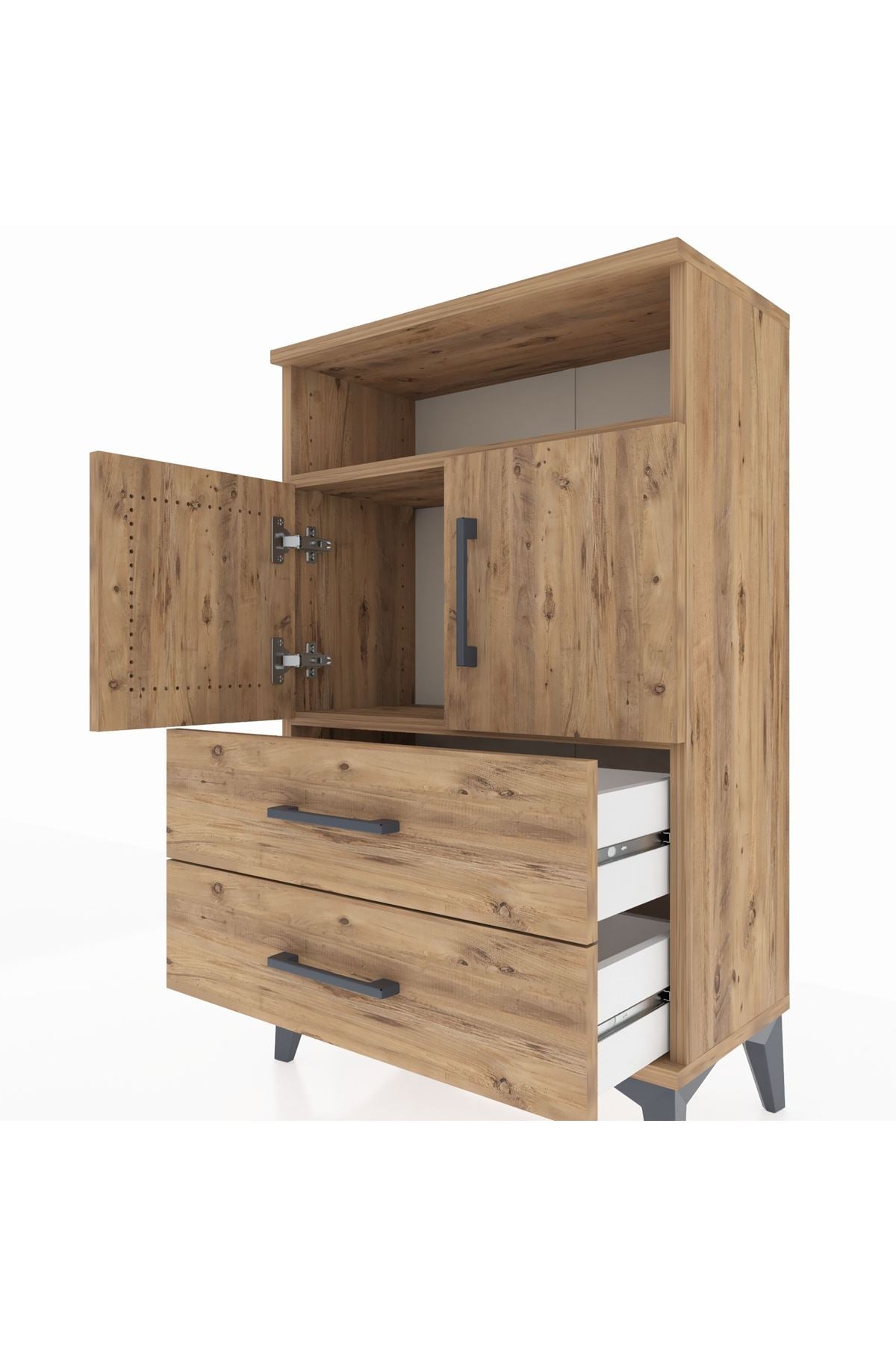 Arges Komodin 2 Raflı 2 Çekmeceli 2 Kapaklı 60x30x96 Çam-Çam