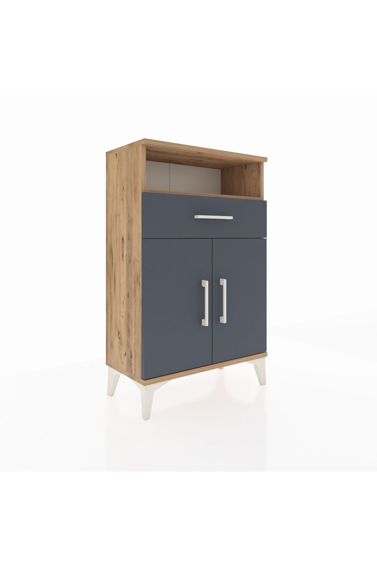 Arges Komodin 2 Raflı Tek Çekmeceli 2 Kapaklı 60x30x96 Çam-Antrasit