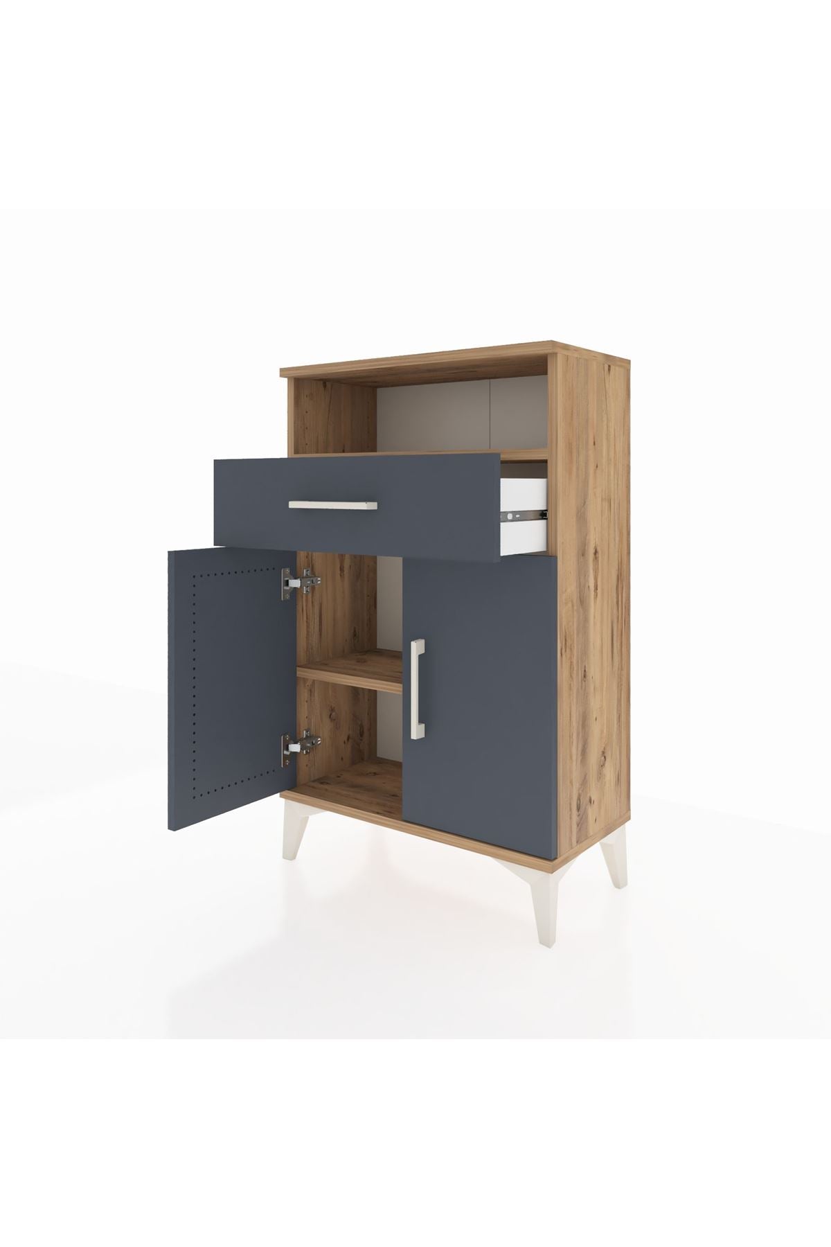 Arges Komodin 2 Raflı Tek Çekmeceli 2 Kapaklı 60x30x96 Çam-Antrasit