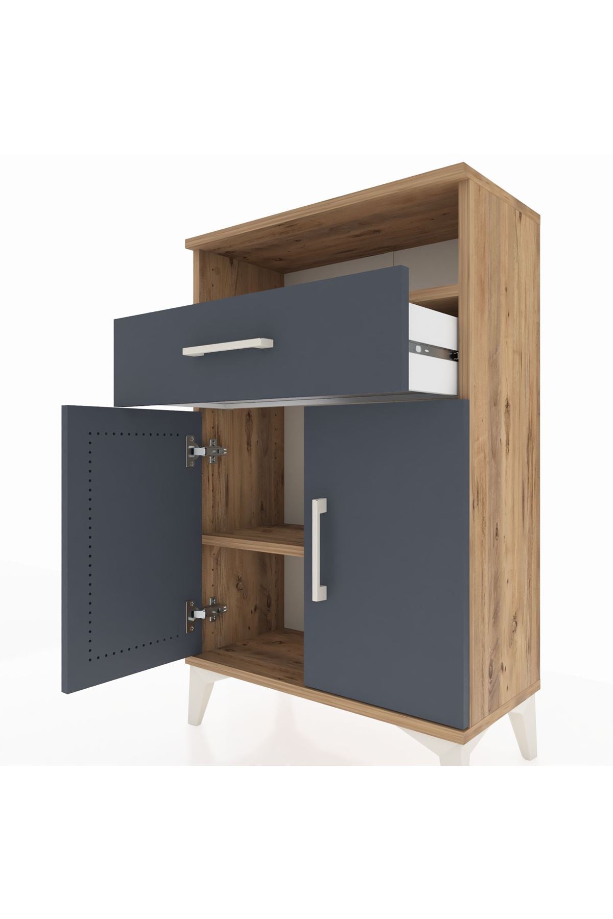 Arges Komodin 2 Raflı Tek Çekmeceli 2 Kapaklı 60x30x96 Çam-Antrasit