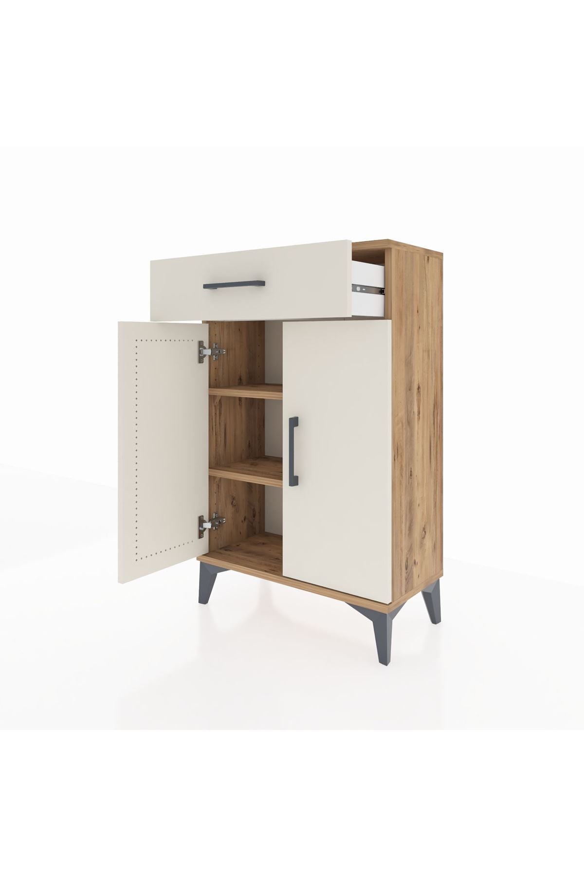 Arges Komodin 2 Raflı Tek Çekmeceli 2 Kapaklı 60x30x96 Çam-Aytaşı