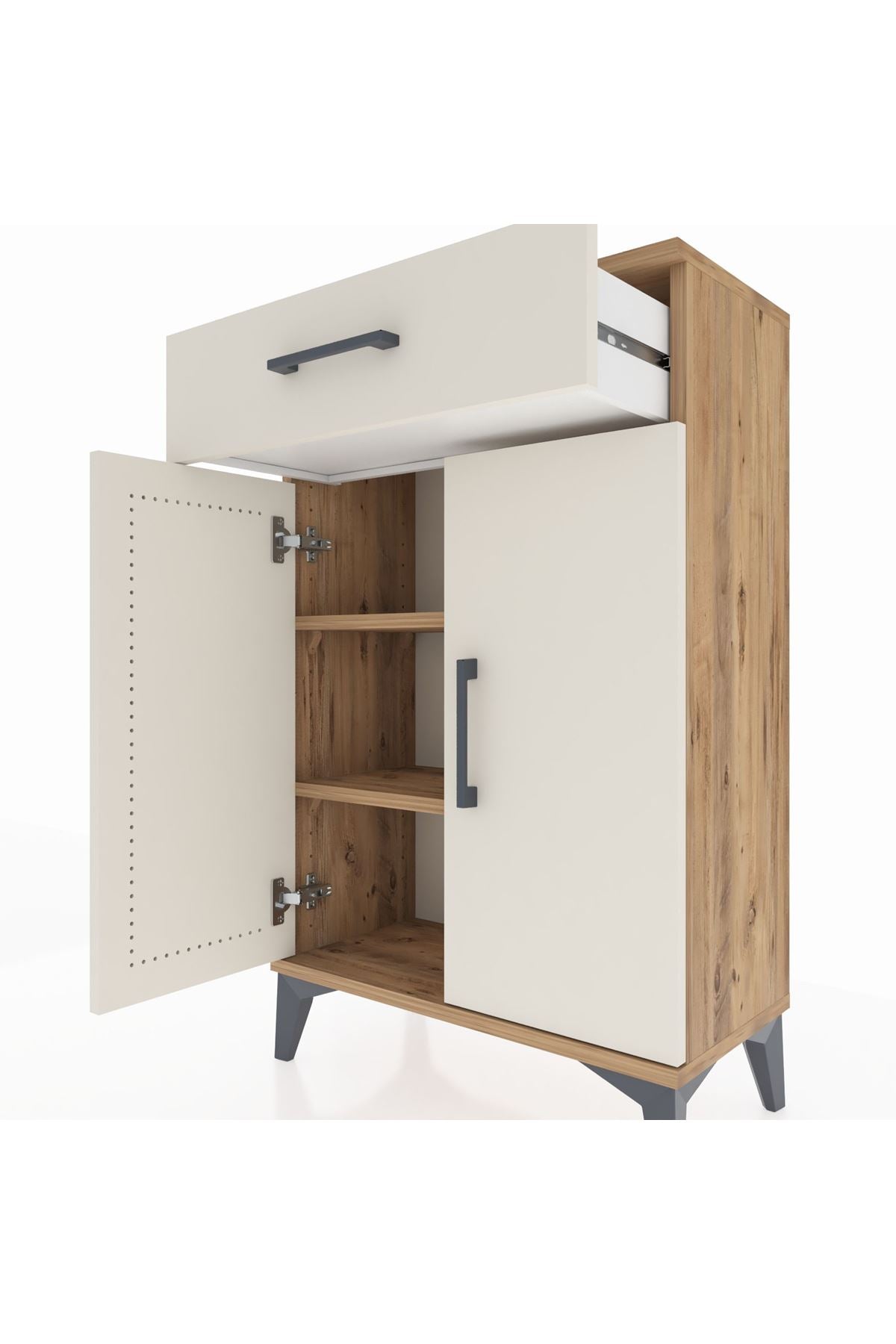Arges Komodin 2 Raflı Tek Çekmeceli 2 Kapaklı 60x30x96 Çam-Aytaşı