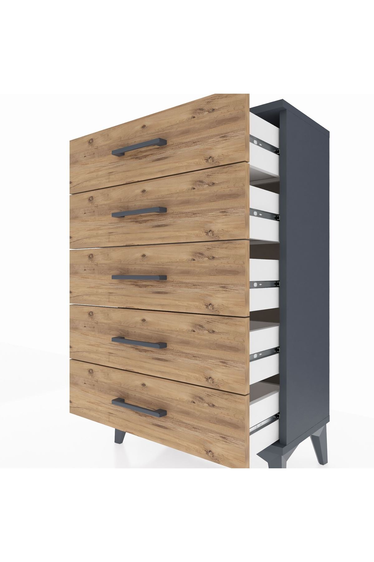 Arges Komodin 5 Çekmeceli 60x30x96 Antrasit-Çam