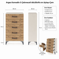 Arges Komodin 5 Çekmeceli 60x30x96 Aytaşı-Çam