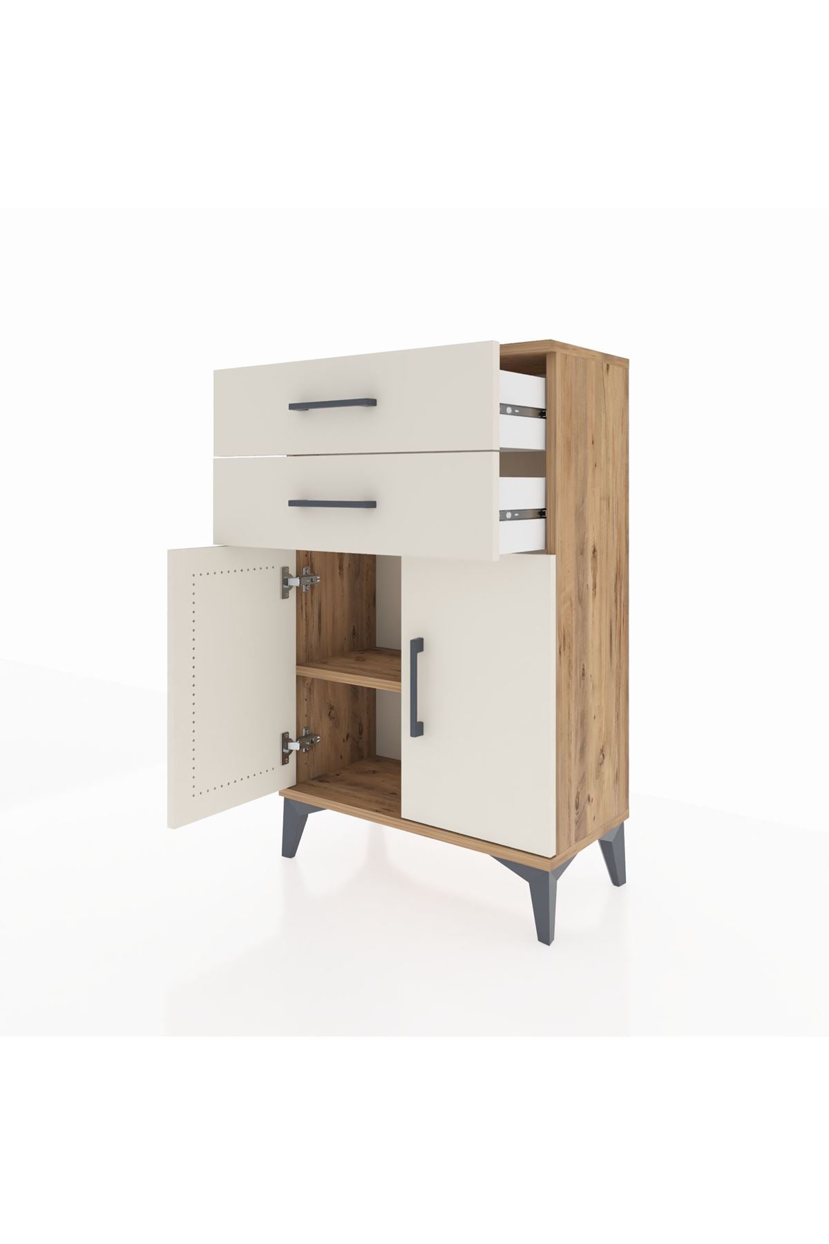 Arges Komodin Tek Raflı 2 Çekmeceli 2 Kapaklı 60x30x96 Çam-Aytaşı