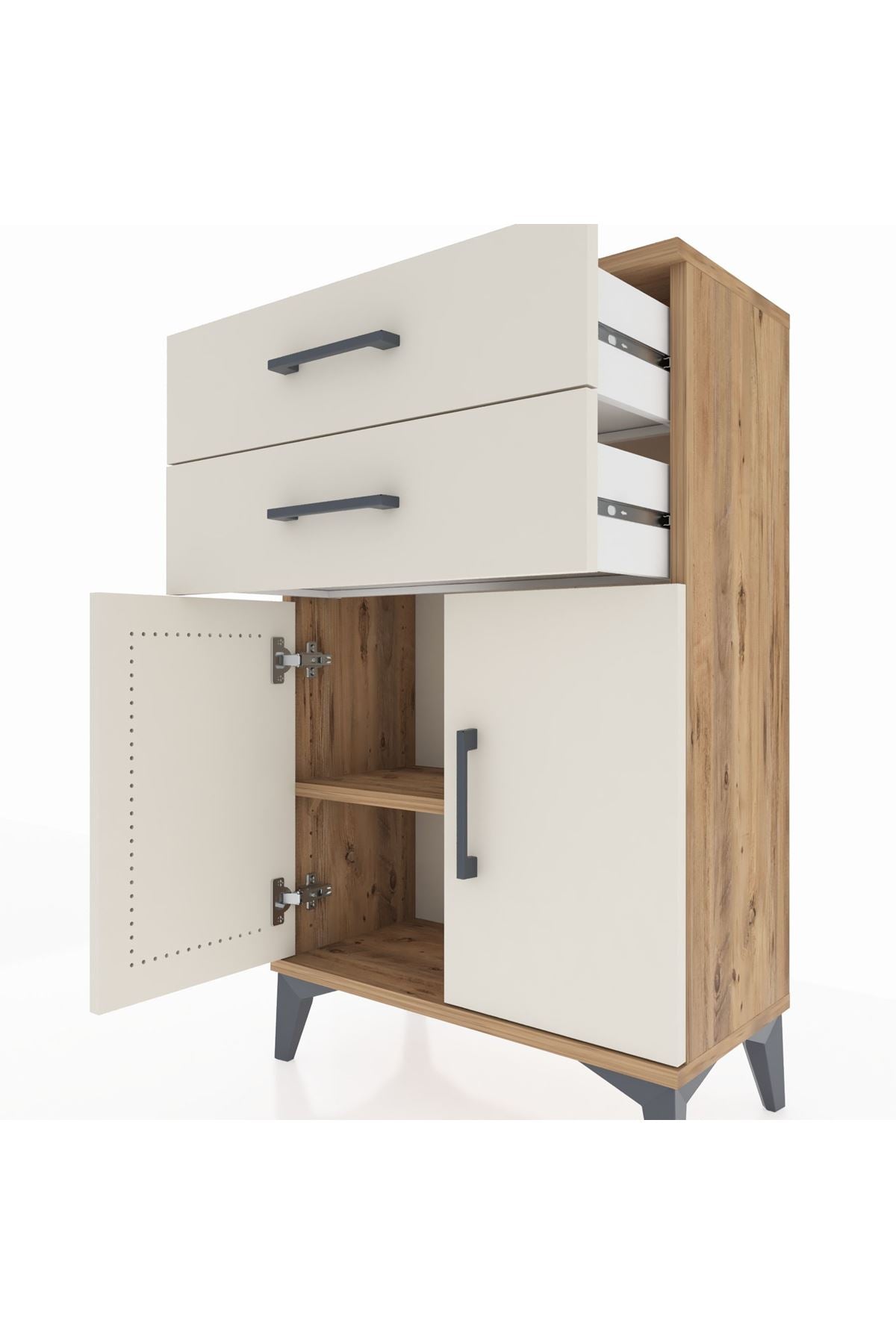 Arges Komodin Tek Raflı 2 Çekmeceli 2 Kapaklı 60x30x96 Çam-Aytaşı