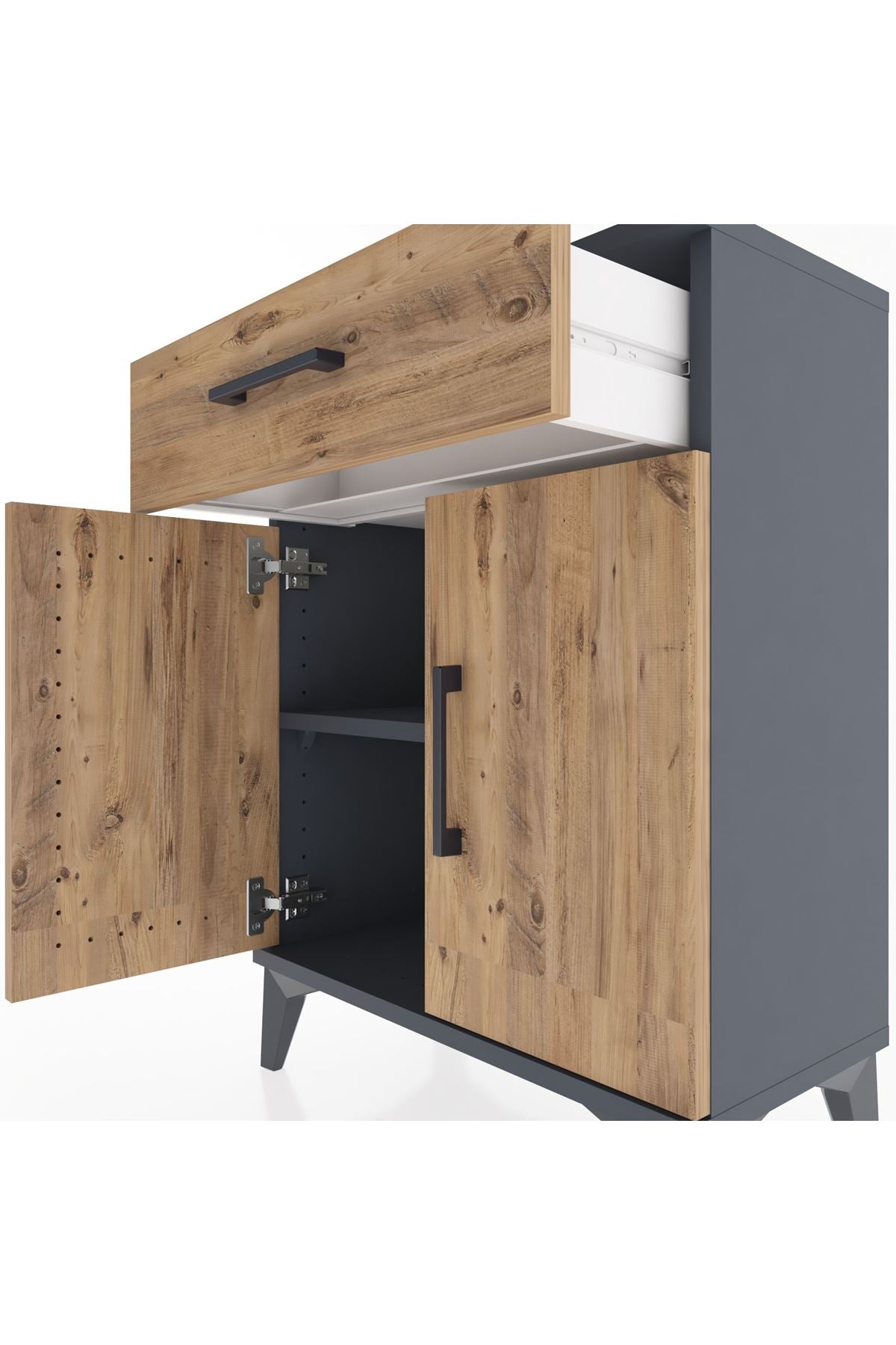 Arges Komodin Tek Raflı Tek Çekmeceli 2 Kapaklı 60x30x80 Antrasit-Çam