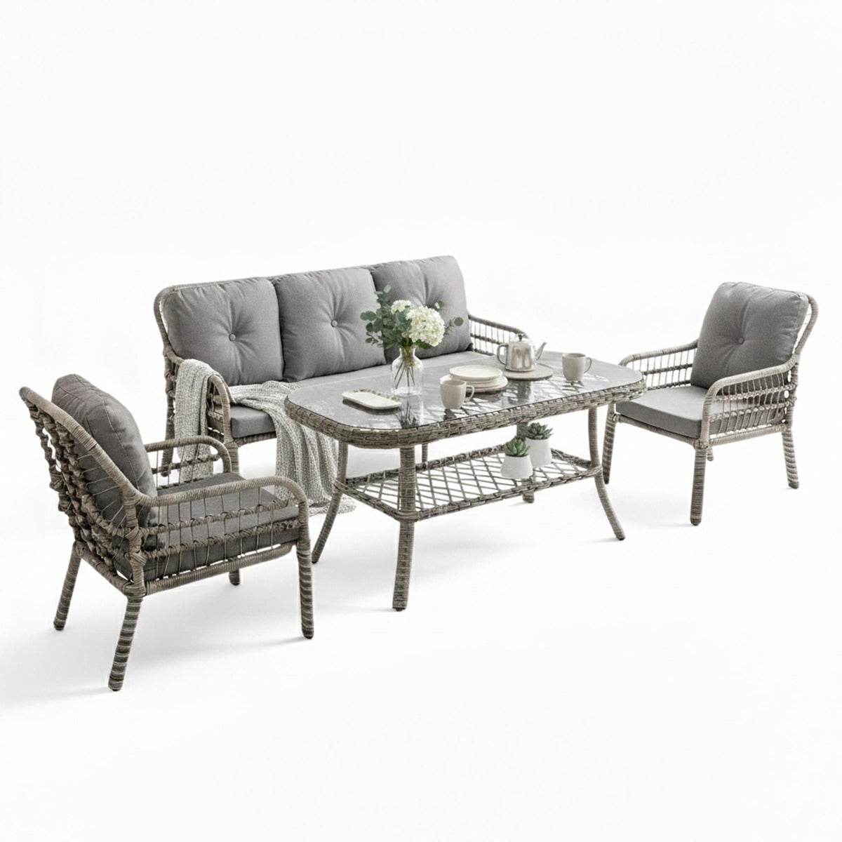 Capri Swing Pisa Üçlü Rattan Bahçe Balkon Oturma Grubu | Gri | 800