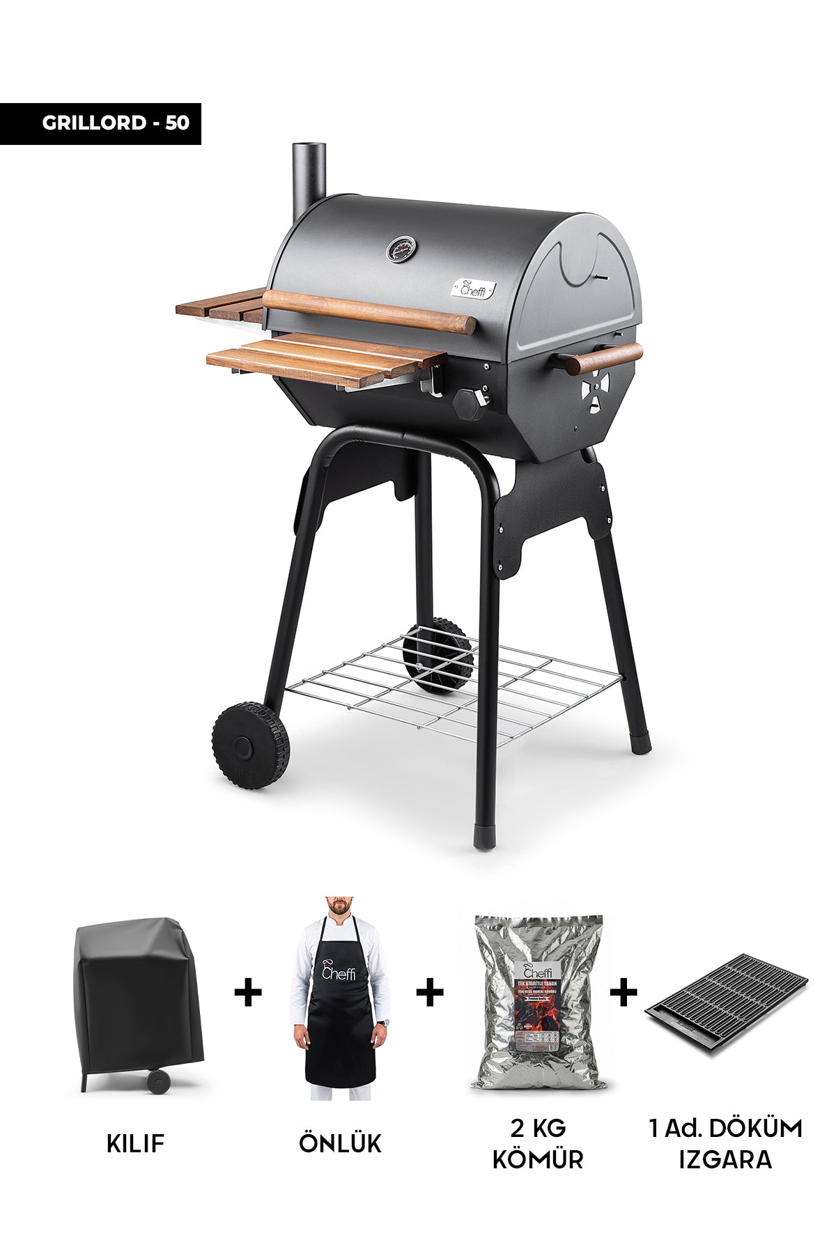 Cheffi Grillord‑50 Kömürlü Barbekü (1 Adet Döküm Izgaralı) + Hediye Seti (Önlük + Kılıf + 1×2 kg Kömür)