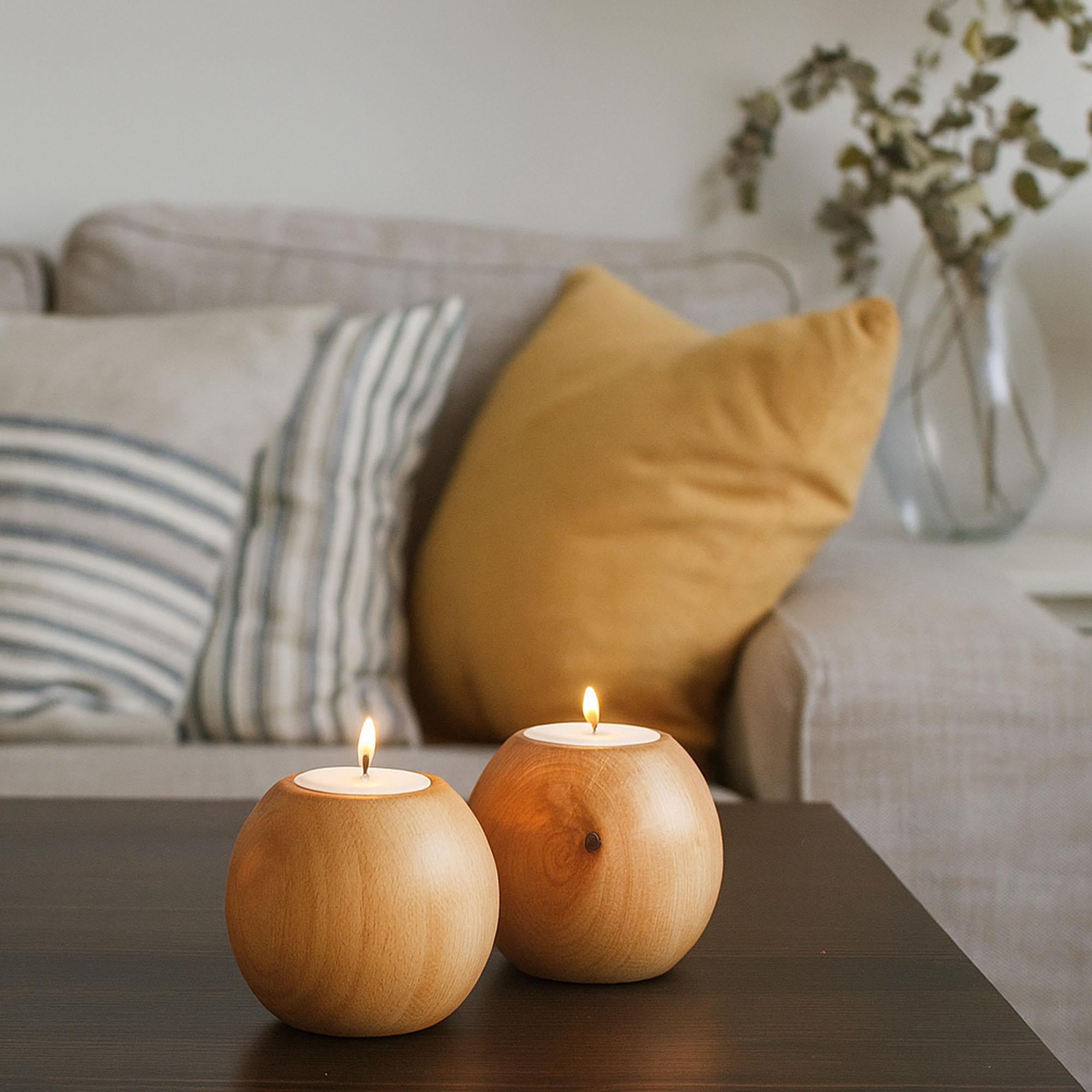 Cocoa 2'li Ahşap Mumluk Seti | Yuvarlak Tealight Şamdan