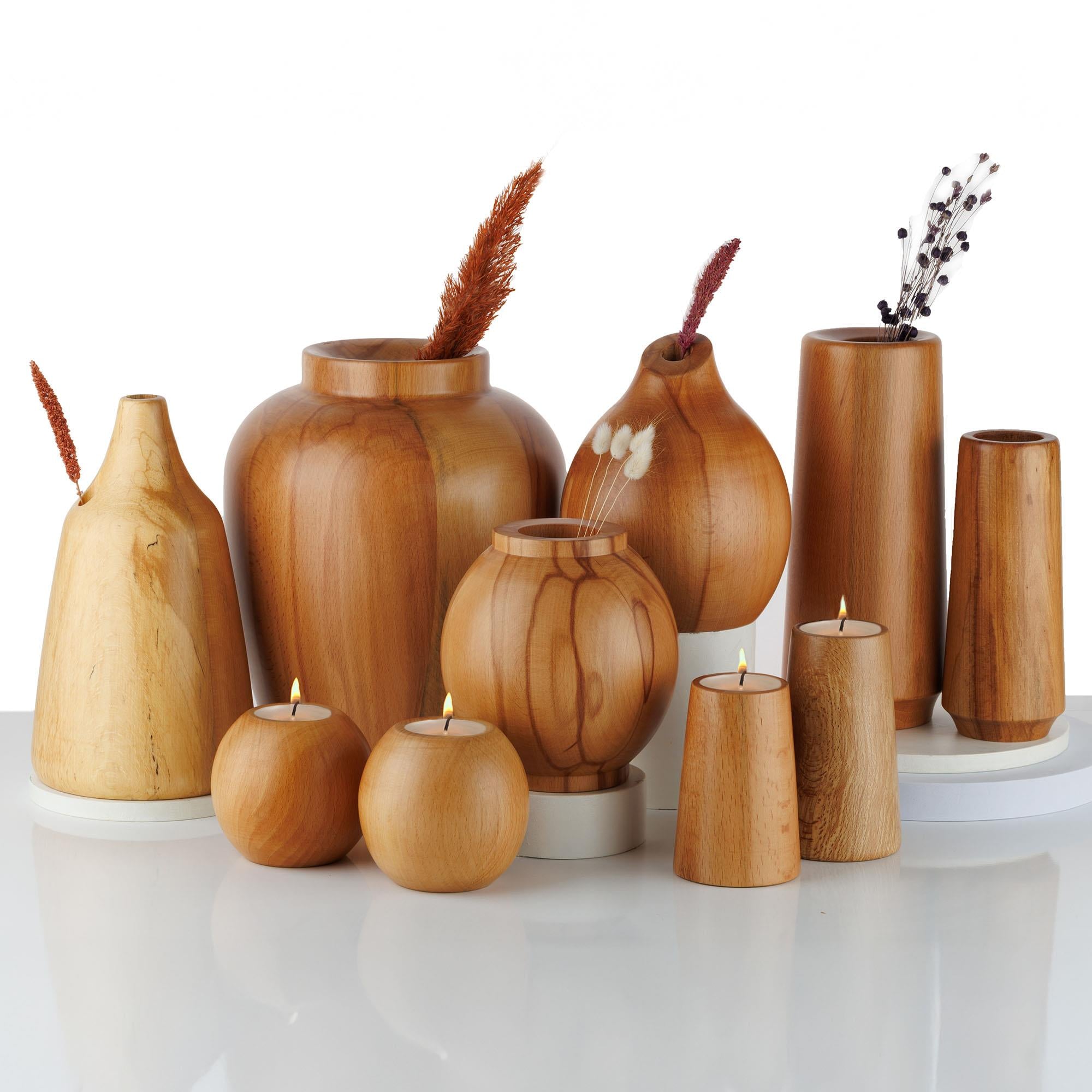 Cocoa 2'li Ahşap Mumluk Seti | Yuvarlak Tealight Şamdan