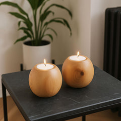 Cocoa 2'li Ahşap Mumluk Seti | Yuvarlak Tealight Şamdan