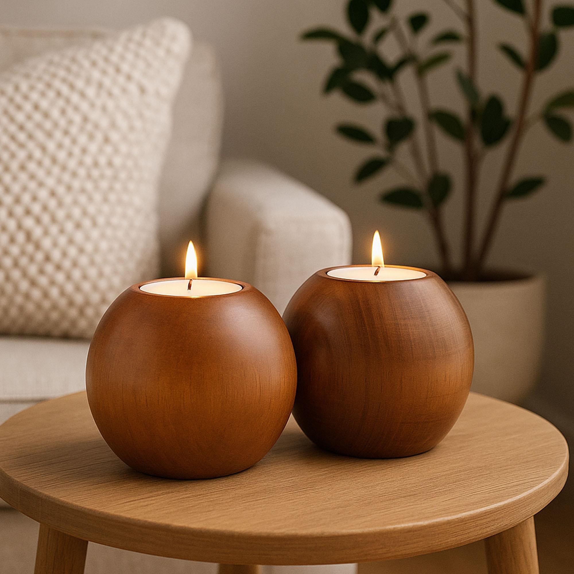 Cocoa 2'li Ahşap Mumluk Seti | Yuvarlak Tealight Şamdan