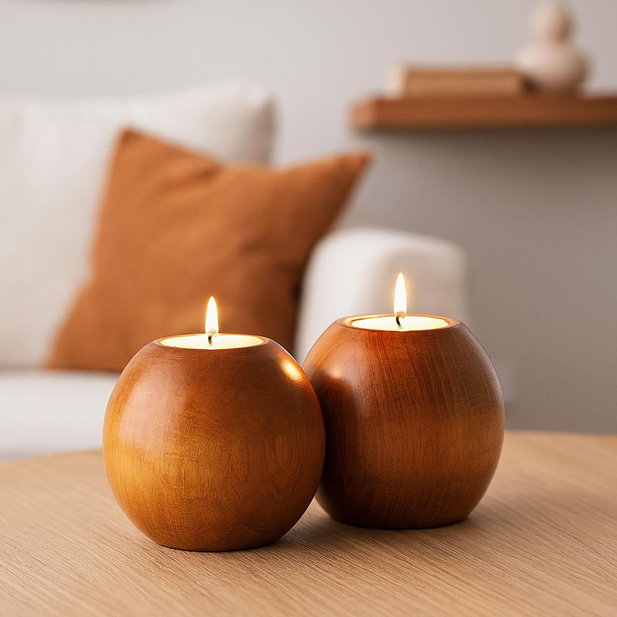Cocoa 2'li Ahşap Mumluk Seti | Yuvarlak Tealight Şamdan
