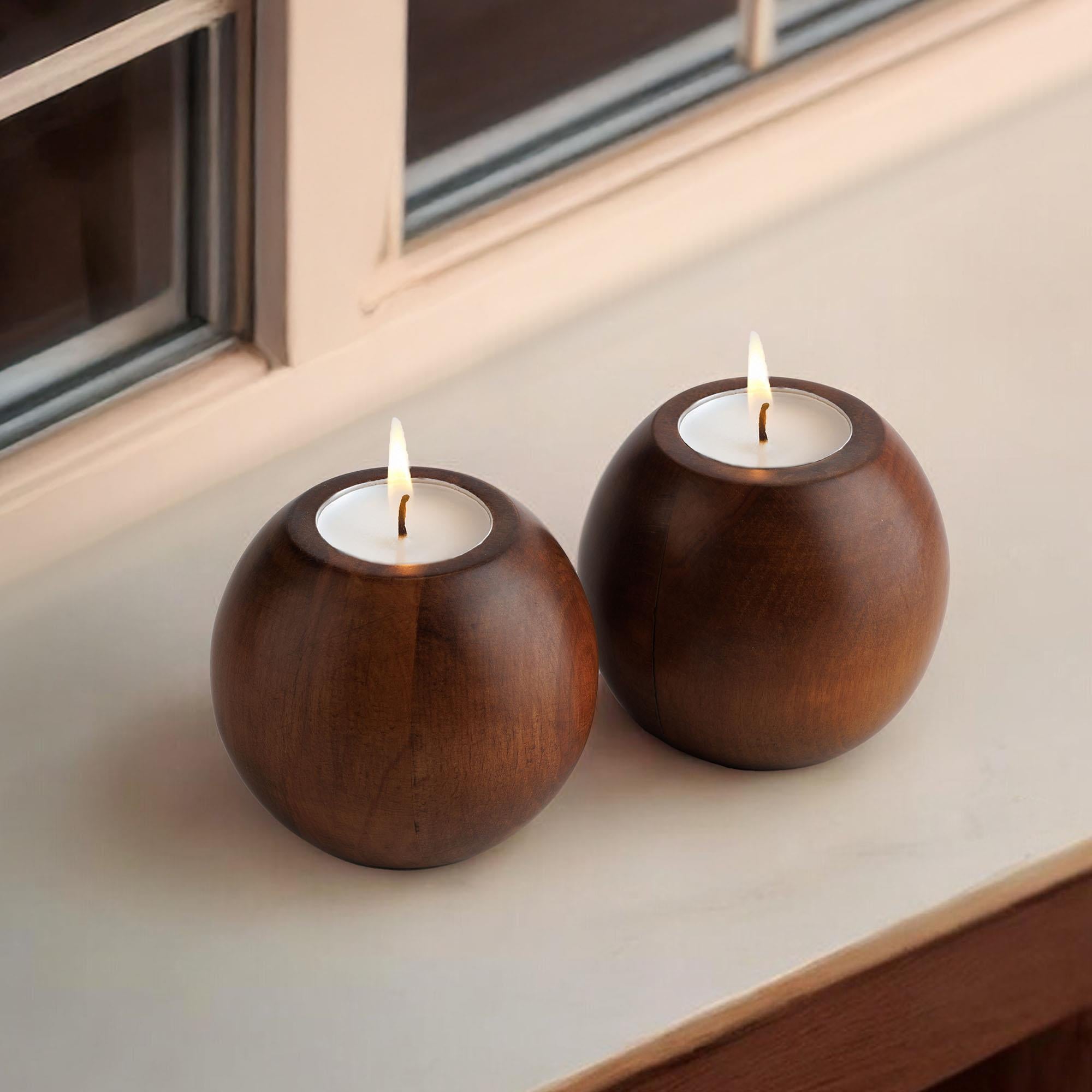 Cocoa 2'li Ahşap Mumluk Seti | Yuvarlak Tealight Şamdan