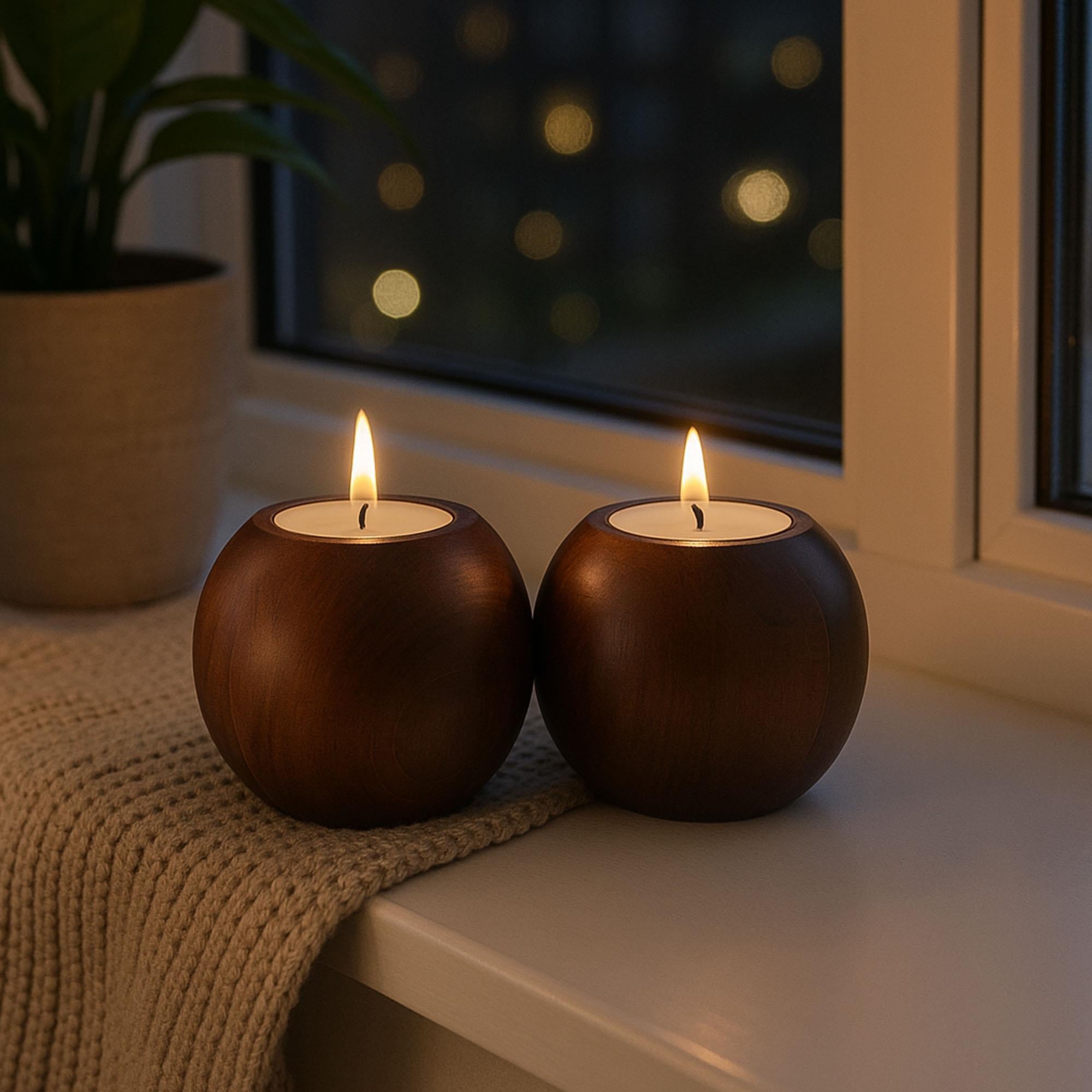 Cocoa 2'li Ahşap Mumluk Seti | Yuvarlak Tealight Şamdan