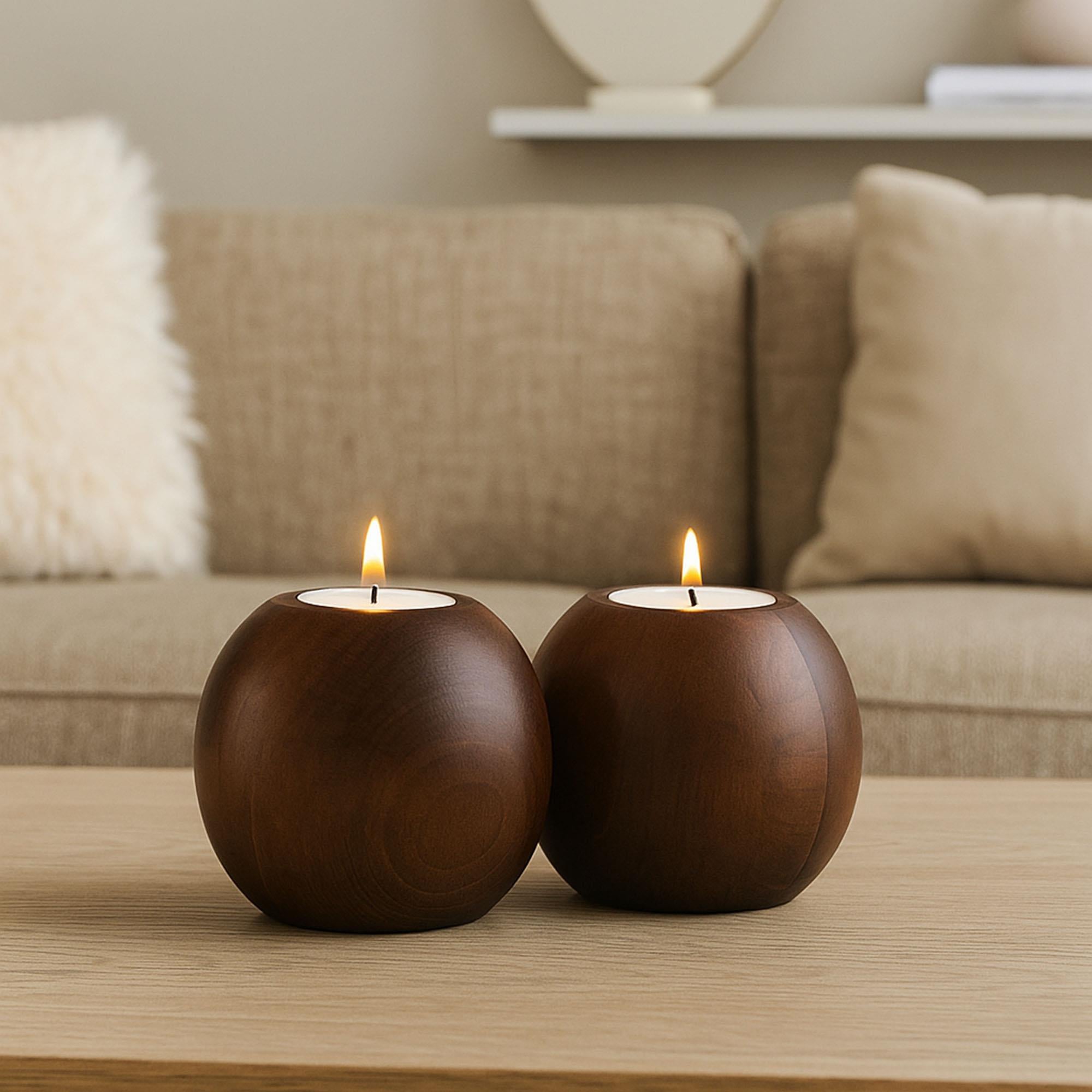 Cocoa 2'li Ahşap Mumluk Seti | Yuvarlak Tealight Şamdan