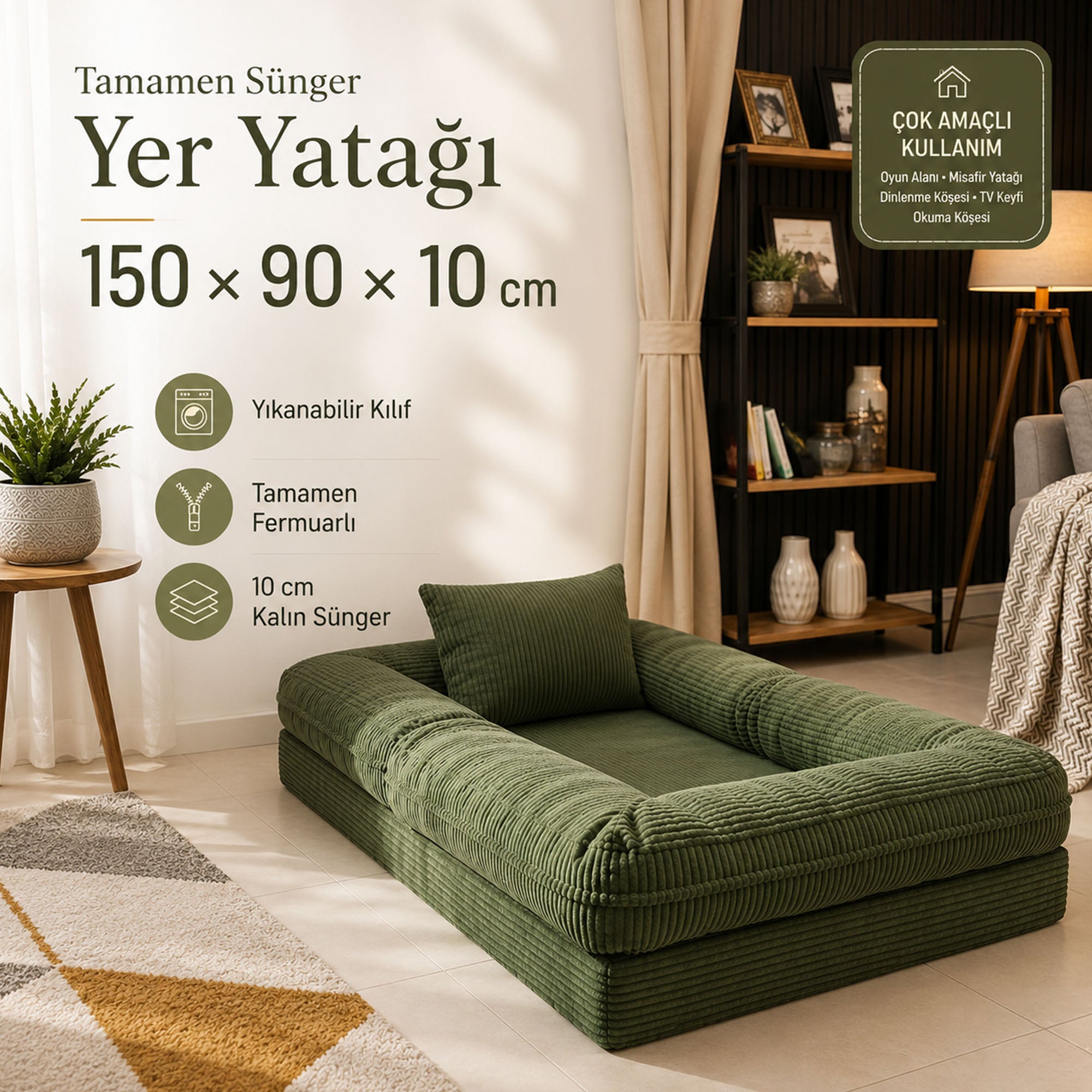 Çocuk Yer Yatağı 150x90 cm Sünger Oyun Minderi | Yeşil
