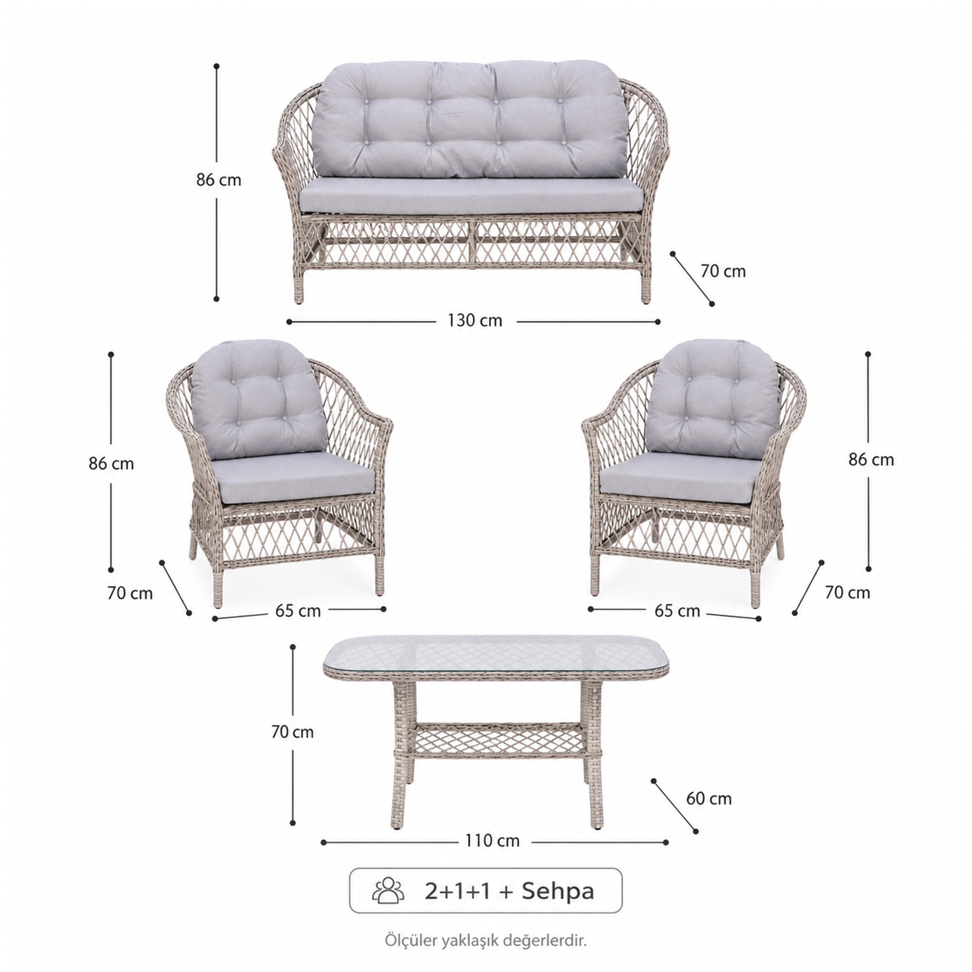Eterna X | 2+1+1 Rattan Bahçe Oturma Grubu | Alüminyum İskelet