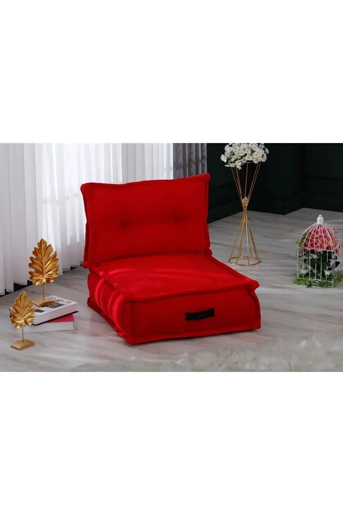 Fermuarlı Yıkanabilir Katlanır Çok Amaçlı Yer Minderi 60x60 cm Taşınabilir Minder Kırmızı