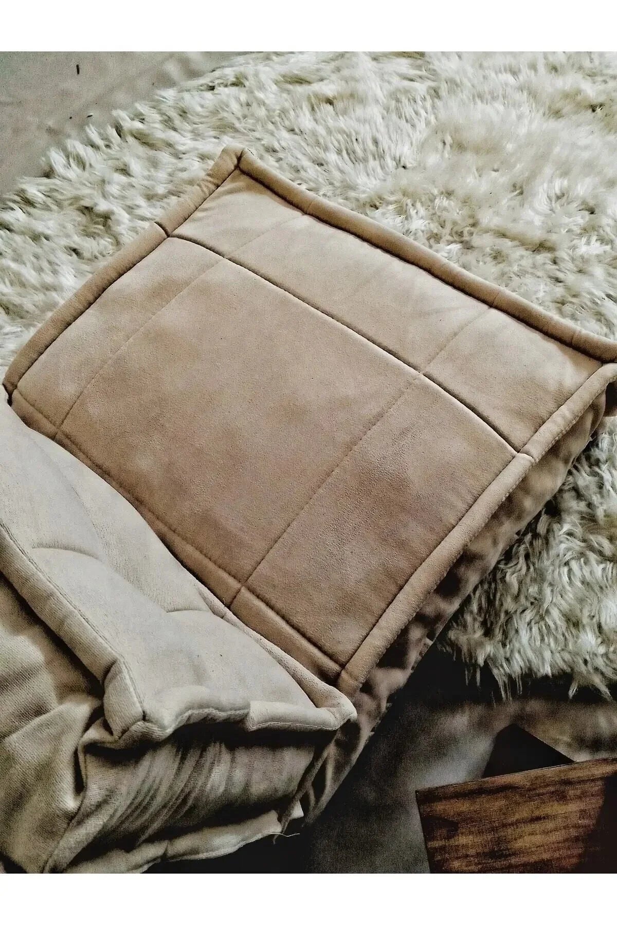 Fermuarlı Yıkanabilir Katlanır Çok Amaçlı Yer Minderi 60x60 cm Taşınabilir Minder Krem