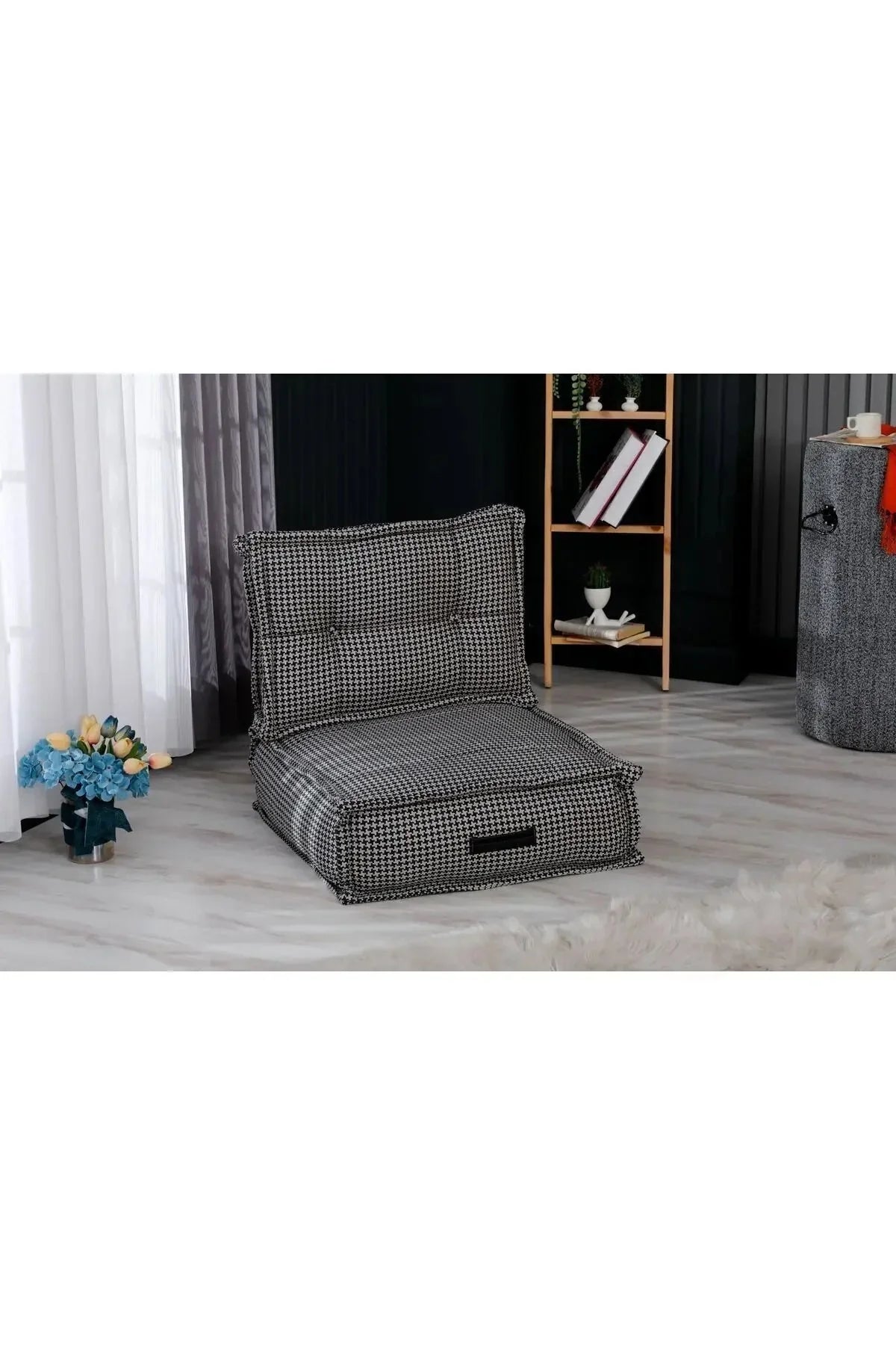 Fermuarlı Yıkanabilir Katlanır Çok Amaçlı Yer Minderi 60x60 cm Taşınabilir Minder Siyah Beyaz
