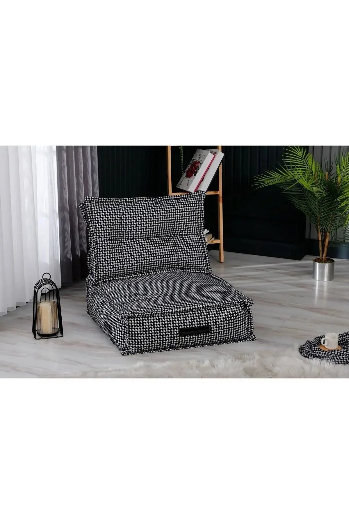 Fermuarlı Yıkanabilir Katlanır Çok Amaçlı Yer Minderi 60x60 cm Taşınabilir Minder Siyah Beyaz