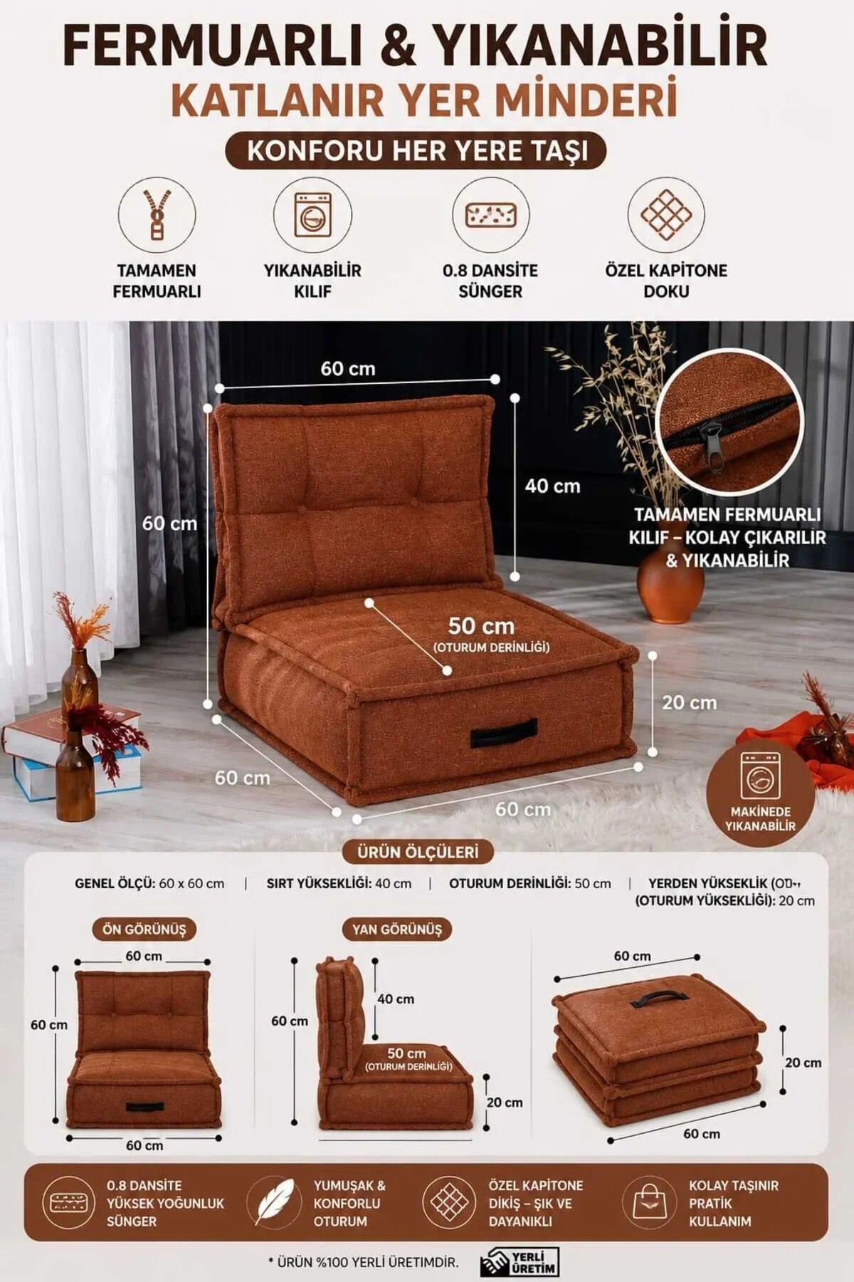 Fermuarlı Yıkanabilir Katlanır Çok Amaçlı Yer Minderi 60x60 cm Taşınabilir Minder Turuncu