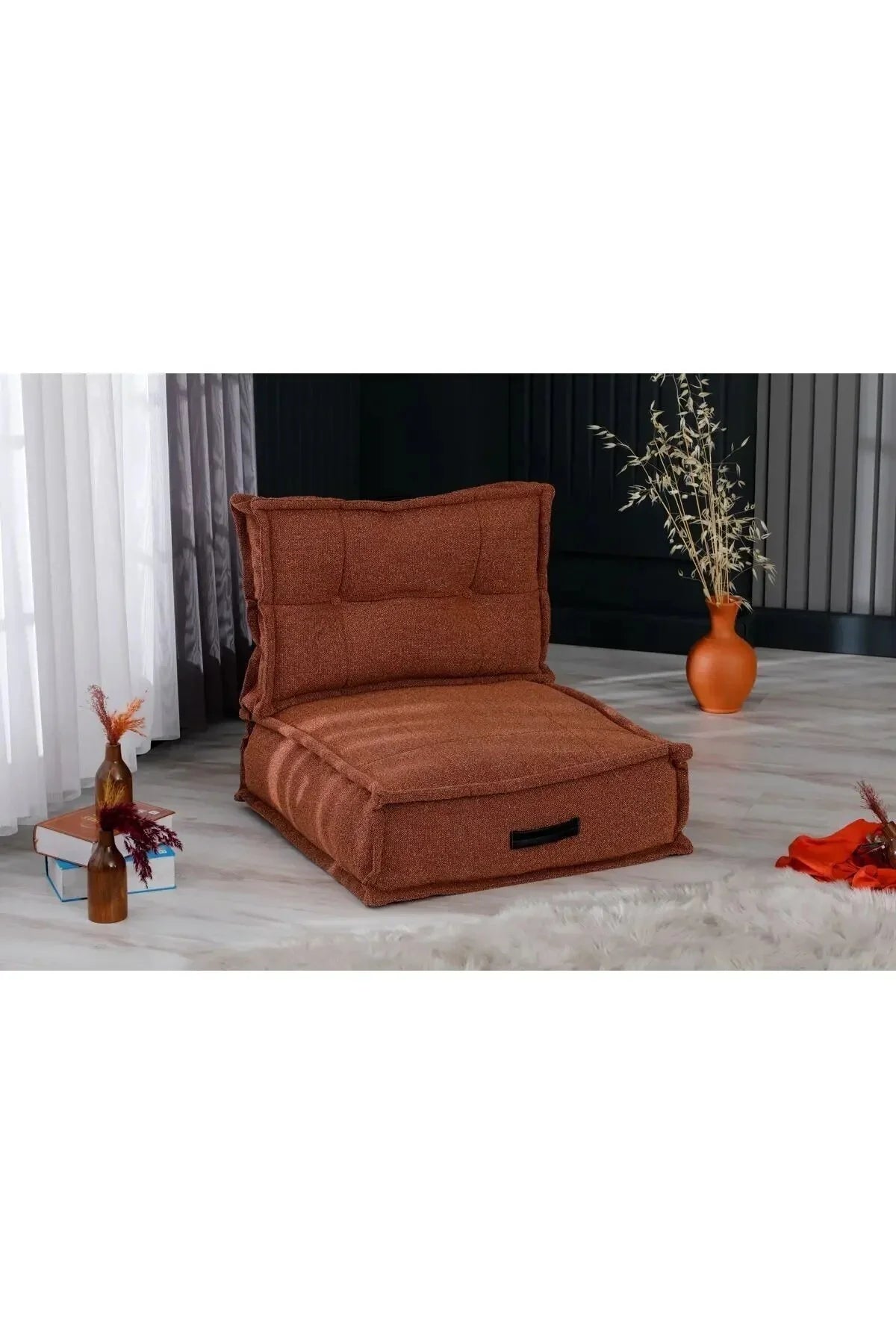 Fermuarlı Yıkanabilir Katlanır Çok Amaçlı Yer Minderi 60x60 cm Taşınabilir Minder Turuncu