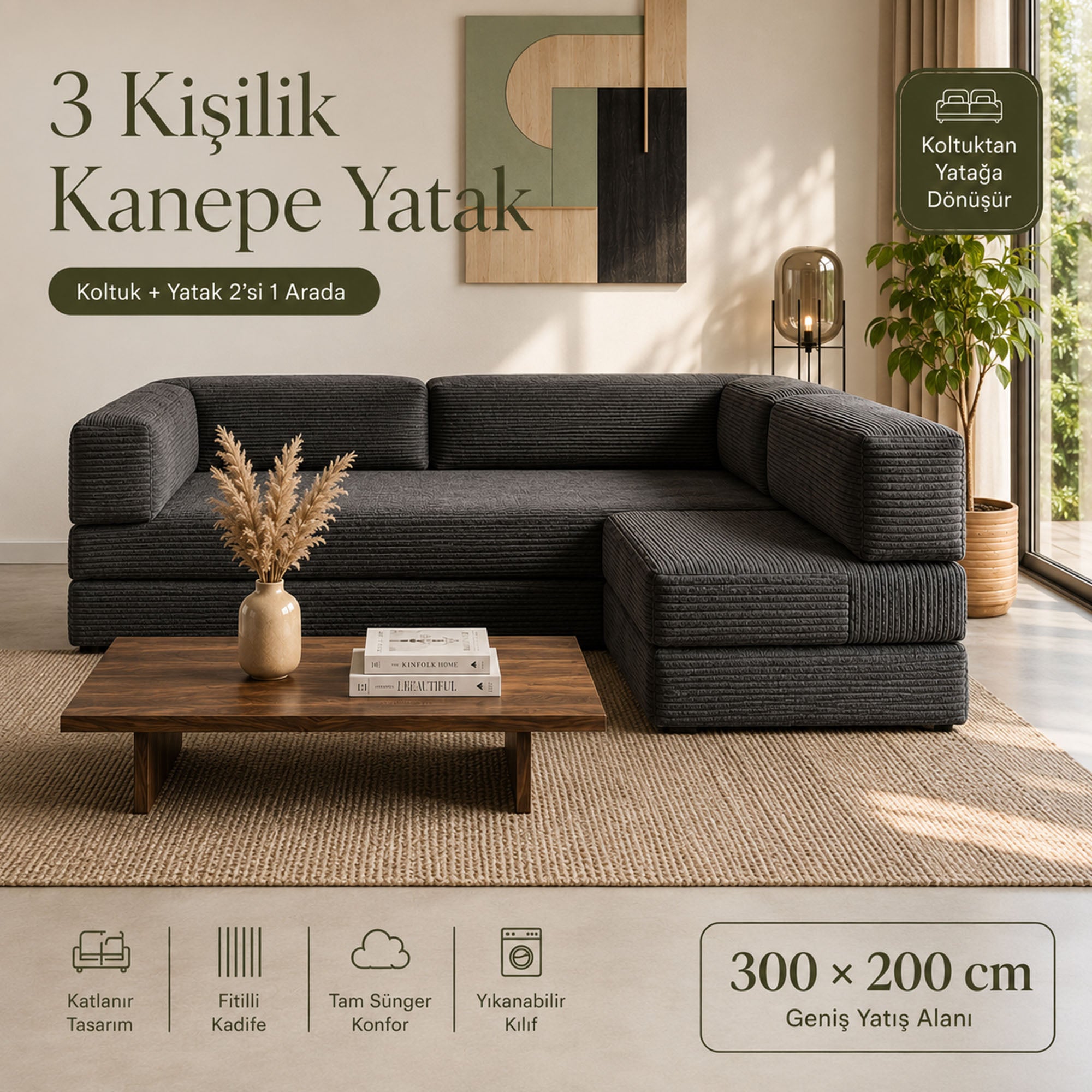 Fitilli Kadife 3 Kişilik Açılır Kanepe Yatak 300x200 cm