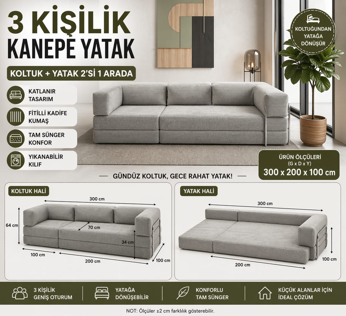 Fitilli Kadife 3 Kişilik Kanepe Yatak – Açılır Sünger Koltuk | 300x200 cm | Salon Misafir Yatağı | Gri