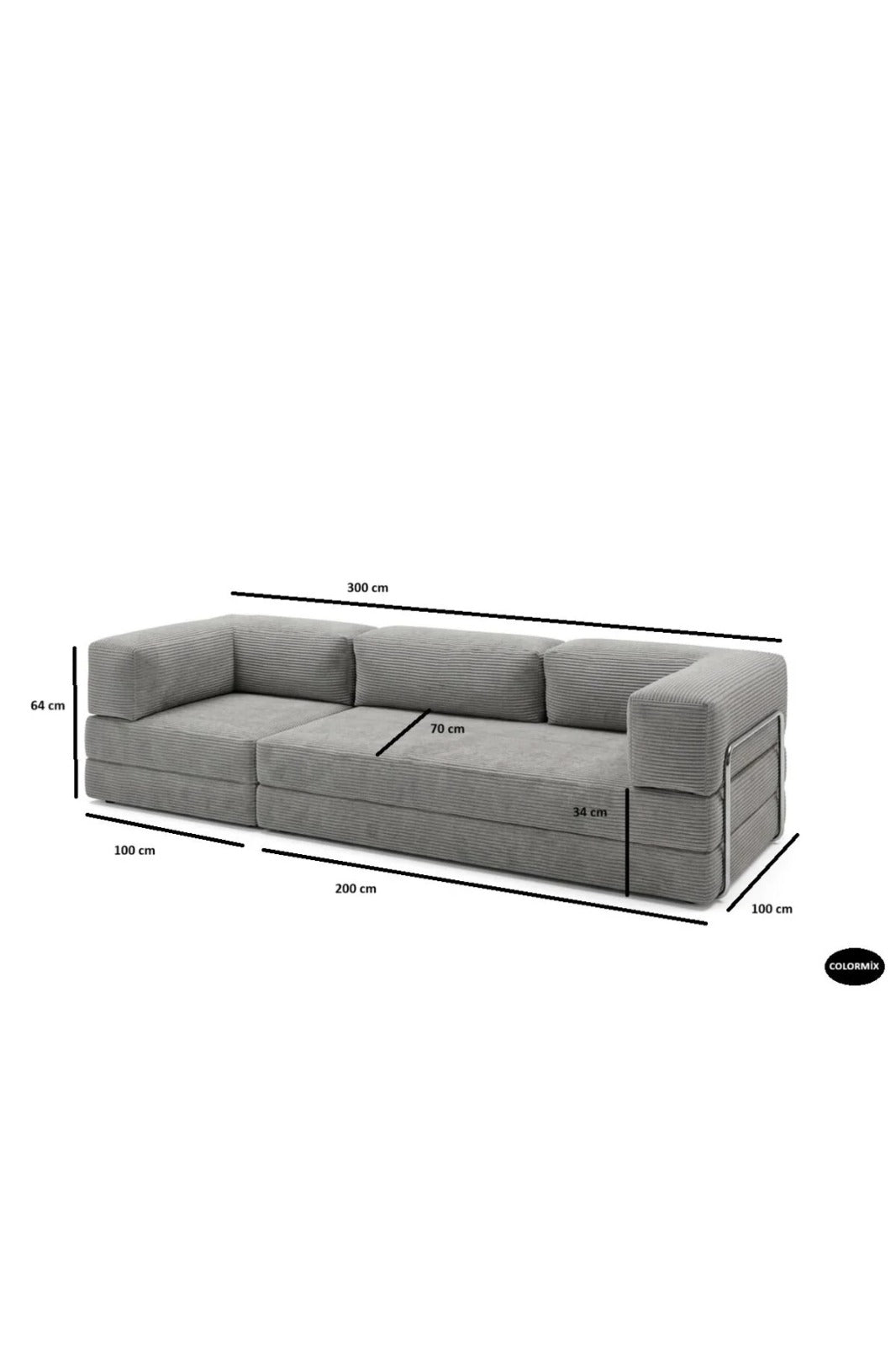Fitilli Kadife 3 Kişilik Kanepe Yatak – Açılır Sünger Koltuk | 300x200 cm | Salon Misafir Yatağı | Gri