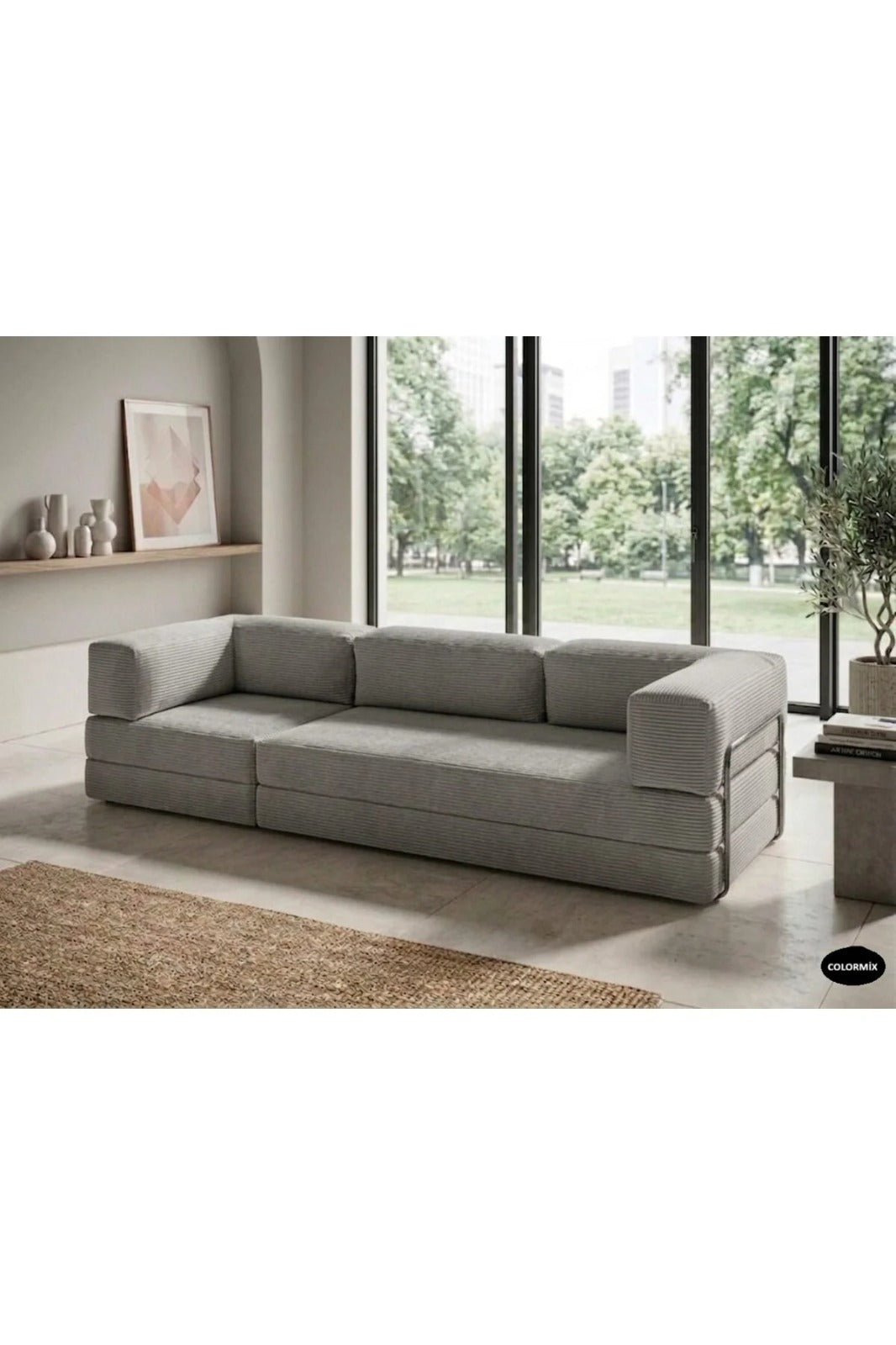 Fitilli Kadife 3 Kişilik Kanepe Yatak – Açılır Sünger Koltuk | 300x200 cm | Salon Misafir Yatağı | Gri