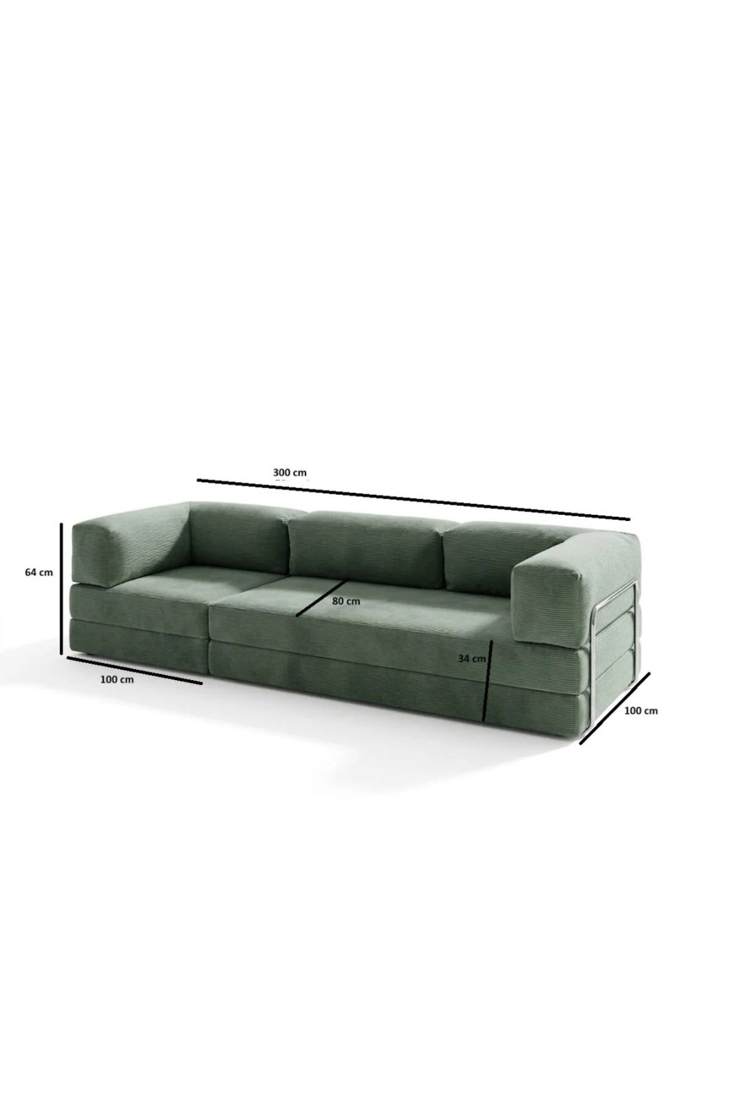 Fitilli Kadife 3 Kişilik Kanepe Yatak – Açılır Sünger Koltuk | 300x200 cm | Salon Misafir Yatağı | Yeşil