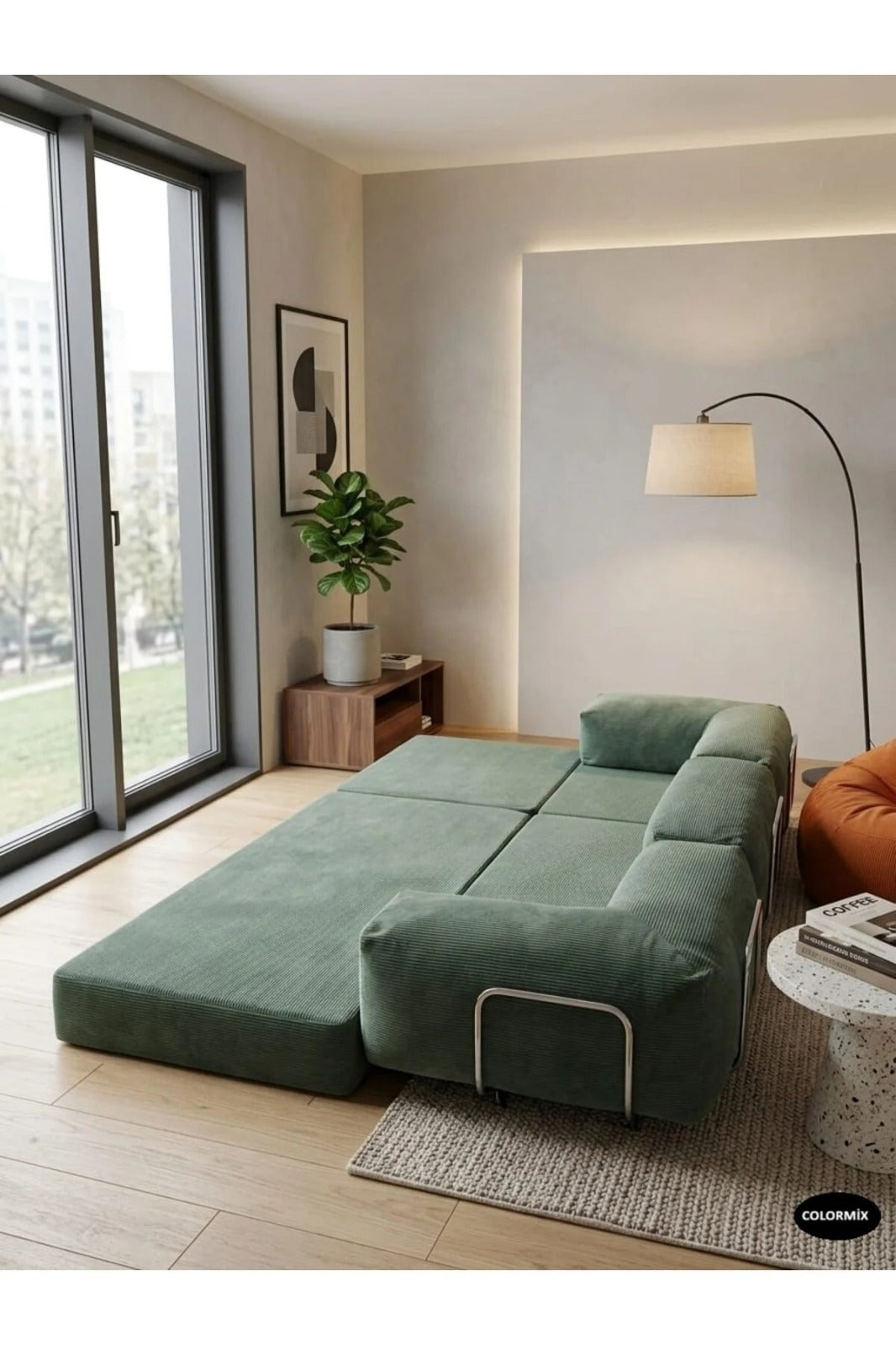 Fitilli Kadife 3 Kişilik Kanepe Yatak – Açılır Sünger Koltuk | 300x200 cm | Salon Misafir Yatağı | Yeşil