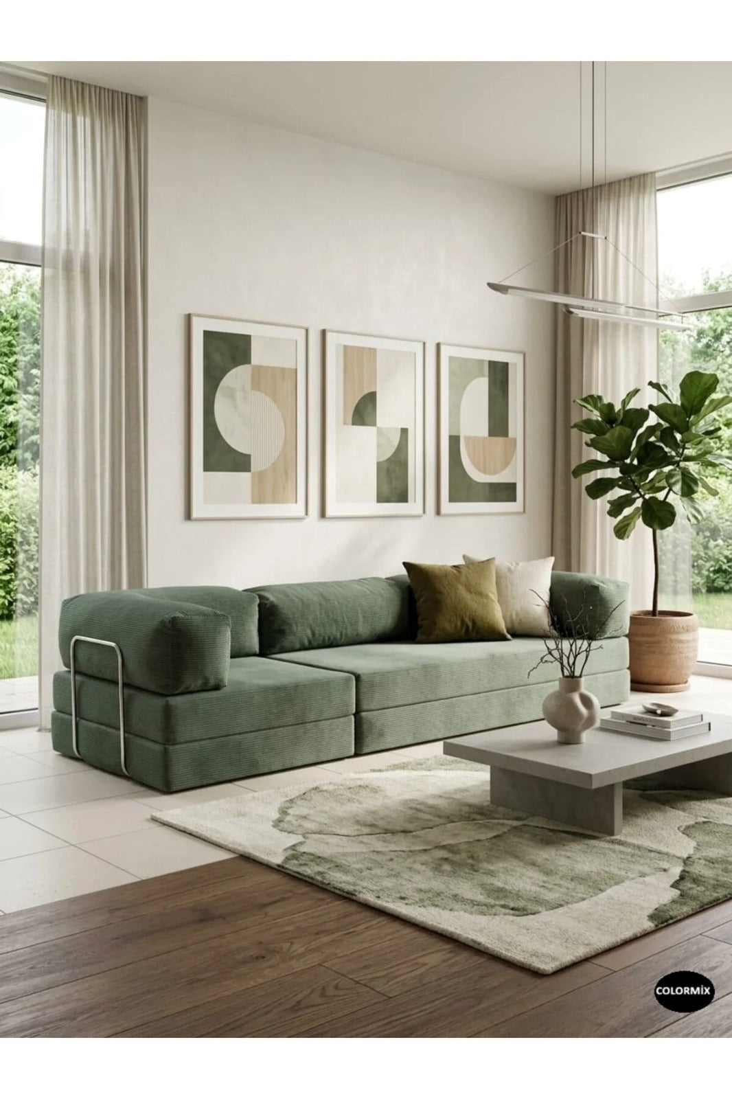Fitilli Kadife 3 Kişilik Kanepe Yatak – Açılır Sünger Koltuk | 300x200 cm | Salon Misafir Yatağı | Yeşil