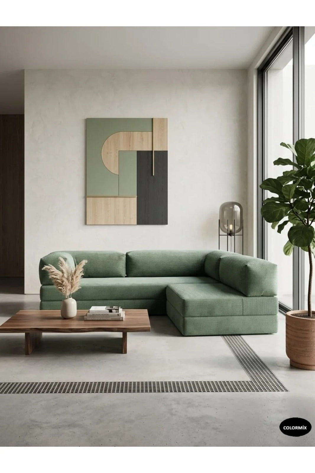 Fitilli Kadife 3 Kişilik Kanepe Yatak – Açılır Sünger Koltuk | 300x200 cm | Salon Misafir Yatağı | Yeşil