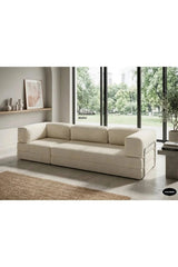 Fitilli Kadife 3 Kişilik Kanepe Yatak – Açılır Sünger Koltuk | 300x200 cm | Salon Misafir Yatağı | Krem