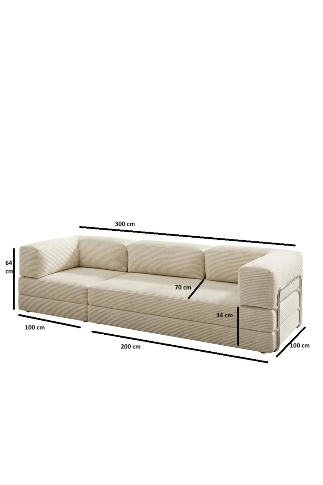 Fitilli Kadife 3 Kişilik Kanepe Yatak – Açılır Sünger Koltuk | 300x200 cm | Salon Misafir Yatağı | Krem