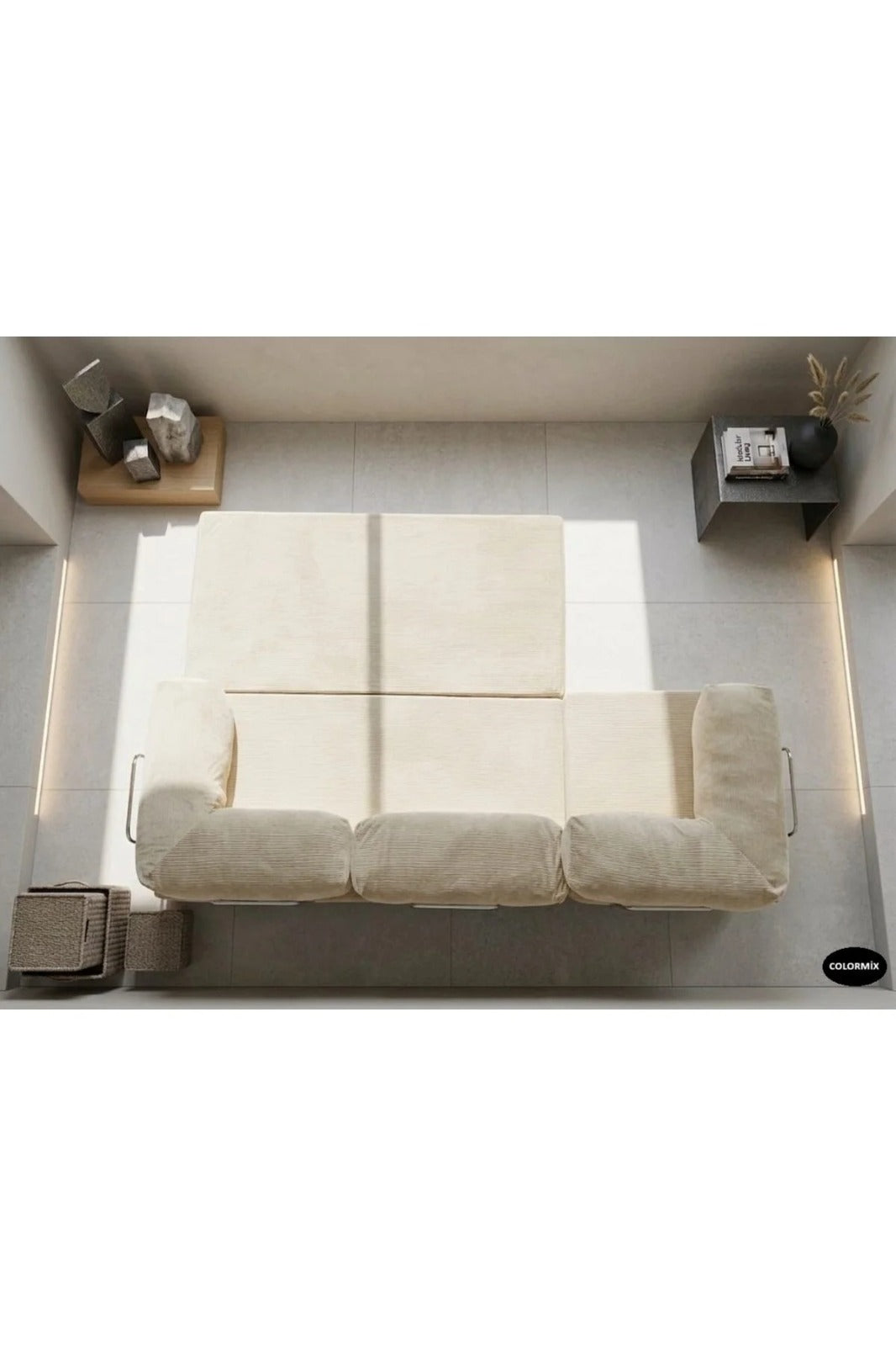 Fitilli Kadife 3 Kişilik Kanepe Yatak – Açılır Sünger Koltuk | 300x200 cm | Salon Misafir Yatağı | Krem