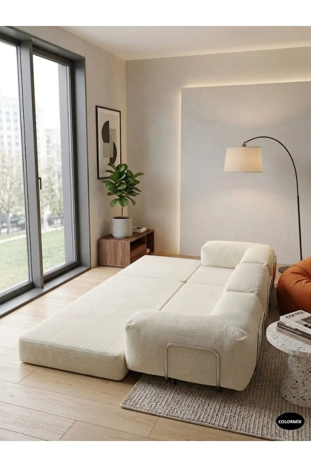 Fitilli Kadife 3 Kişilik Kanepe Yatak – Açılır Sünger Koltuk | 300x200 cm | Salon Misafir Yatağı | Krem