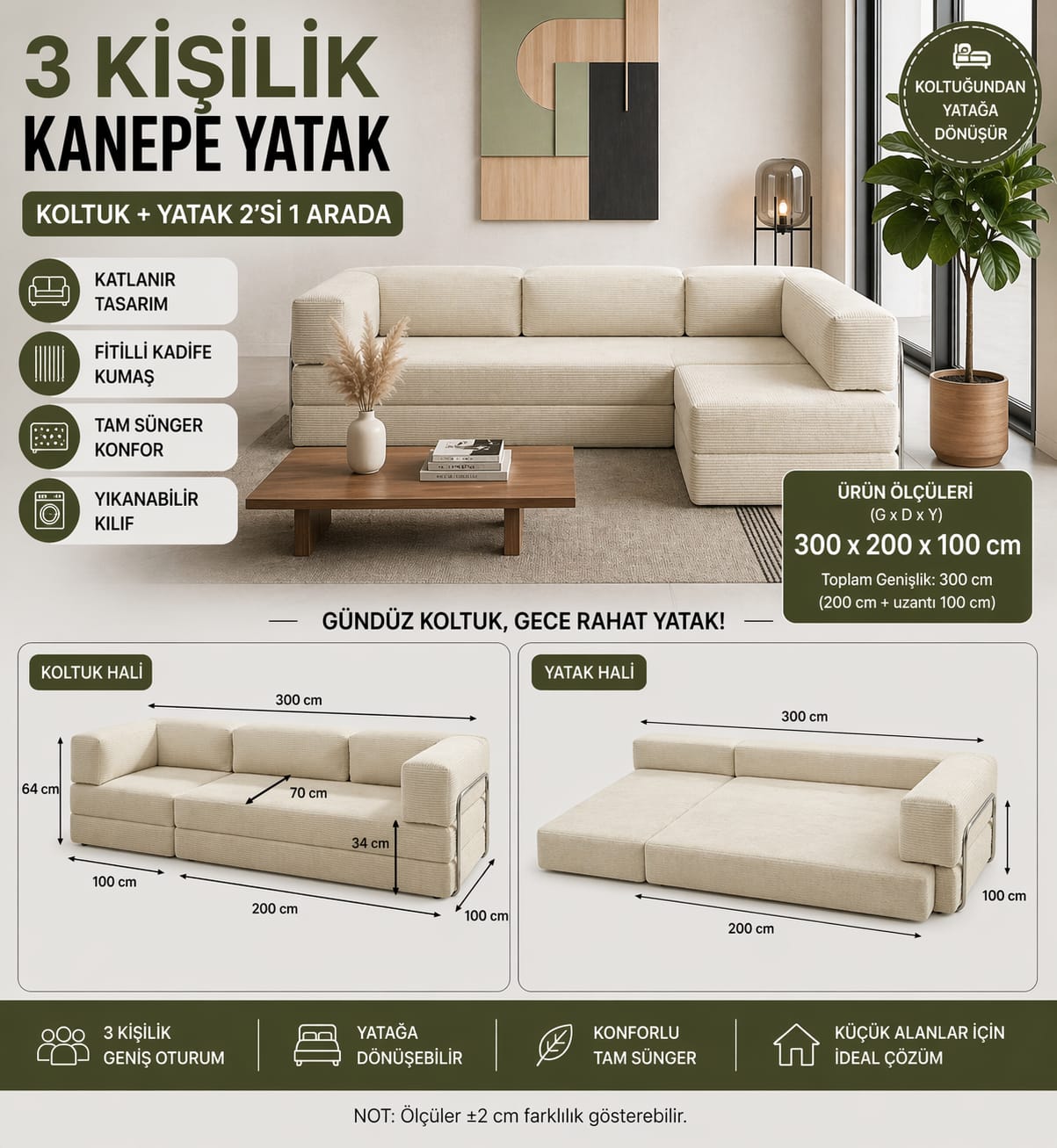 Fitilli Kadife 3 Kişilik Kanepe Yatak – Açılır Sünger Koltuk | 300x200 cm | Salon Misafir Yatağı | Krem