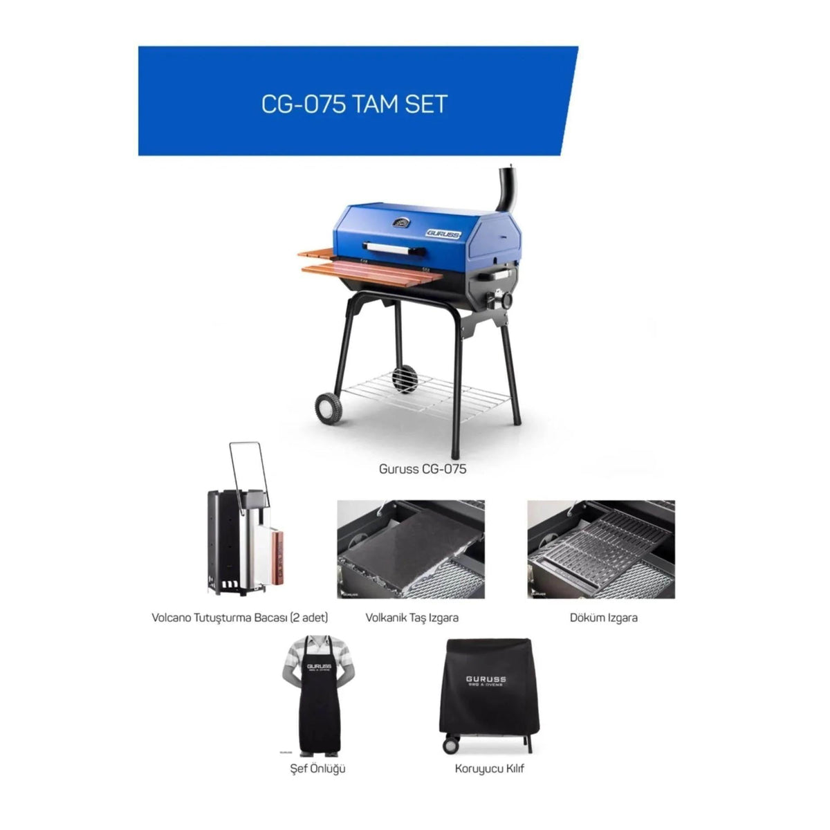 Guruss CG-075 Barbekü Mangal | Kömürlü | 75 Cm | Gece Mavisi | Tam Set